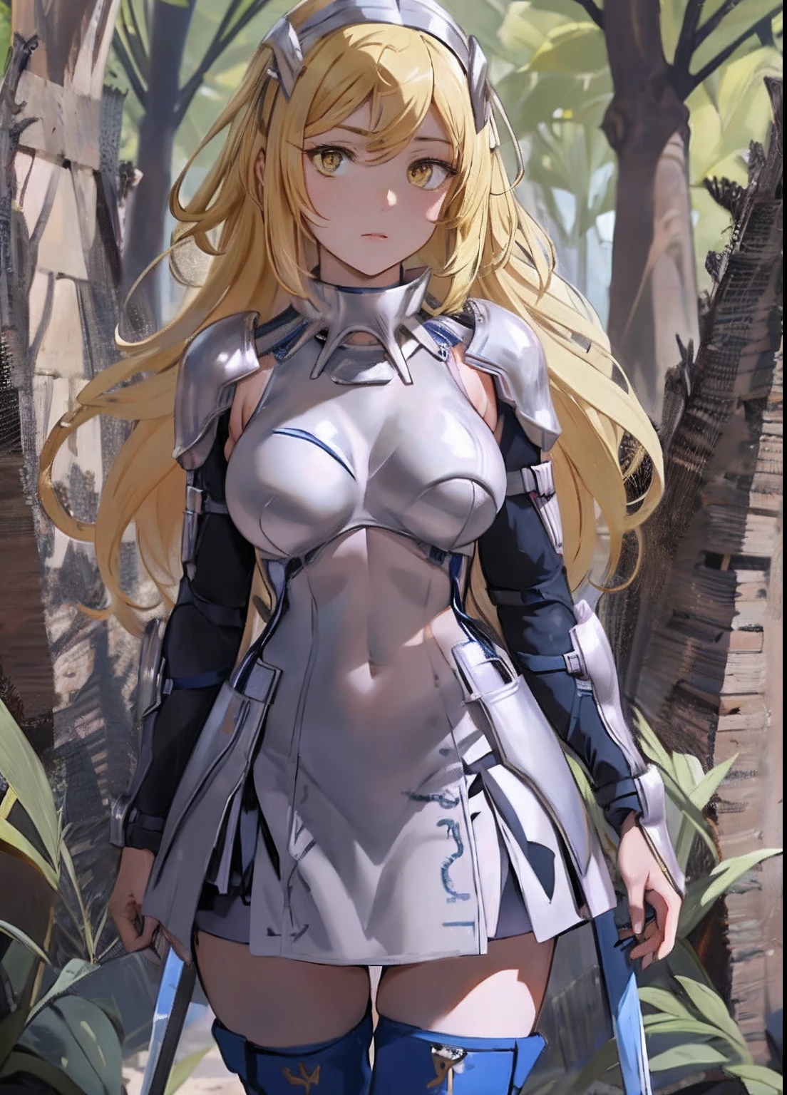 ais, 1girl, solo, blonde hair, armor, long hair, straight hair, thighhighs, boots, dress, yellow eyes, thigh boots, blue long boots, blue footwear, covered navel, breastplate, shoulder armor, gloves, white dress outdoor, sunny, standing