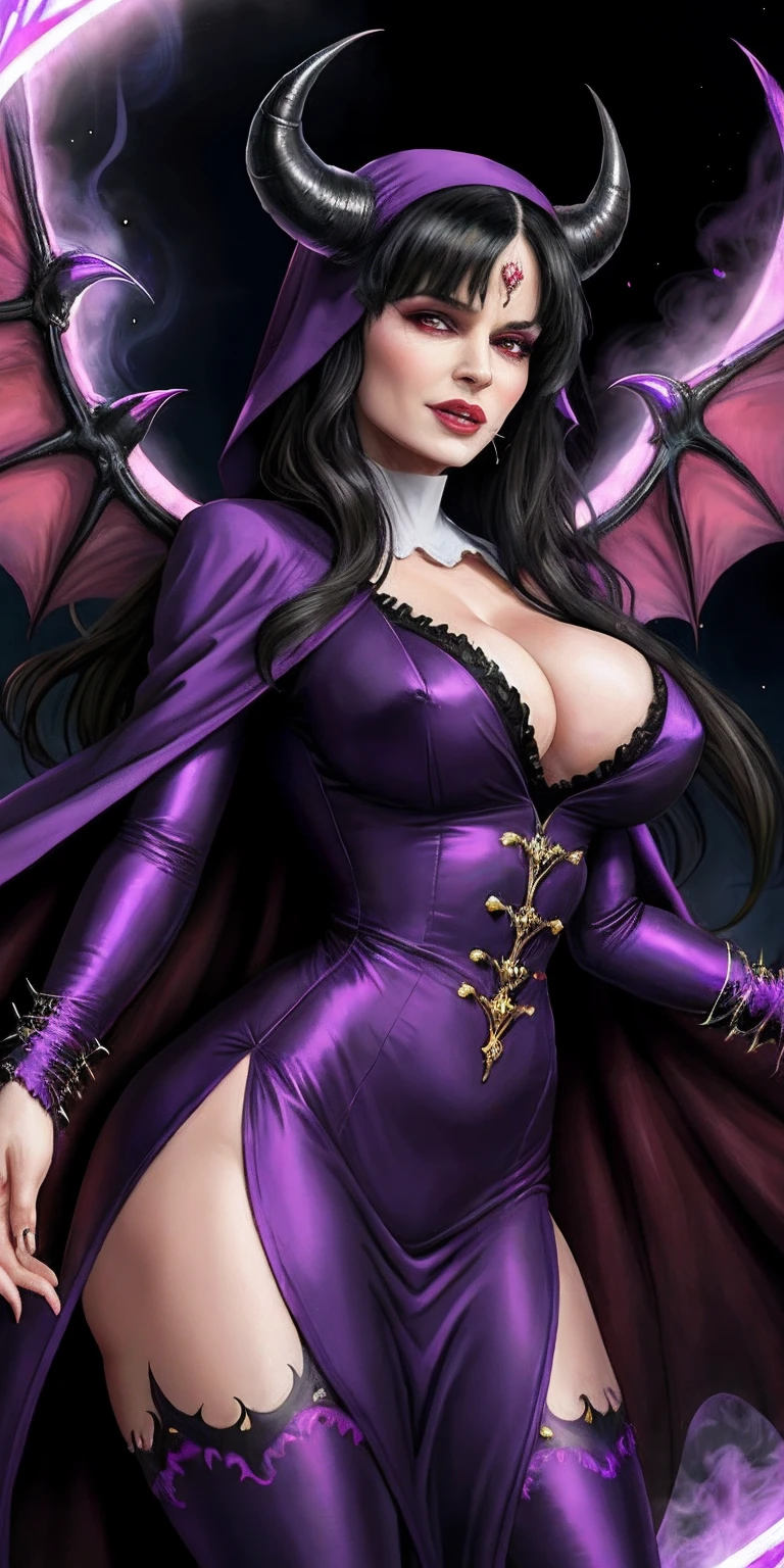 Lisa Ann: The evil nun, Demon horn, Demon wings on the head , sexy robe de nonne, His hands preparing a sphere of purple energy, diabolique, insidieux, His powerful magic hits the buildings of a city , Context of the Satanic Church, detailled eyes, detailed hands