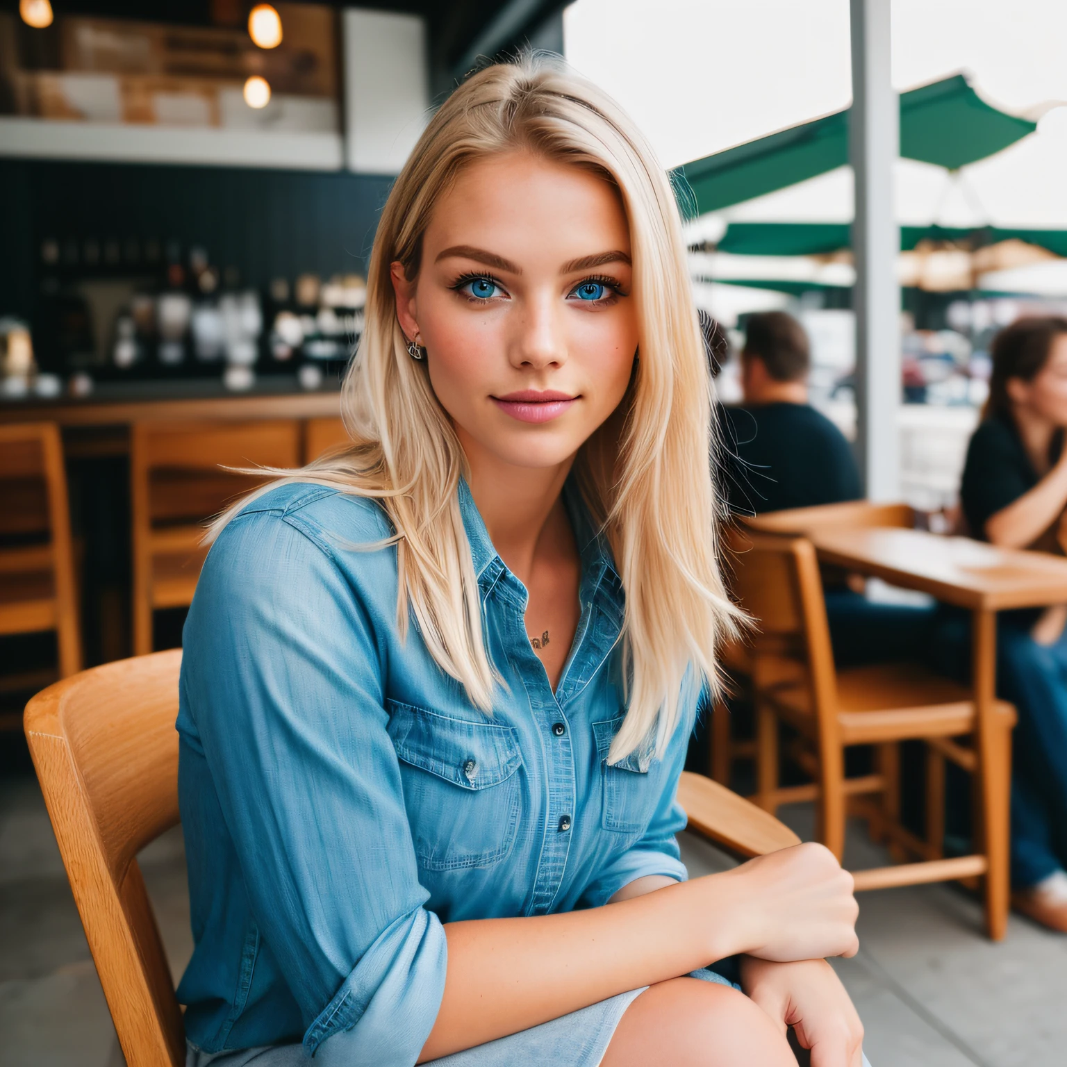 (long shot and front view: 1.4), (straight half of the body: 1.4), RAW UHD portrait photo of a 24-year-old blonde (blue-eyed woman) sitting on a chair in a coffee shop, people sitting in background (casual colorful shirt), (neckline), details (textures! , hair! , glitter, color!! , disadvantages: 1.1), glossy eyes with high detail (looking at the camera), SLR lighting, SLR camera, ultra-quality, sharpness, depth of field, film grain (center), Hasselblad X2D 100C, crystal clear, frame center, beautiful face, sharp focus, bokeh (dimly lit), evening, (day sky), detailed skin pores, oily skin, sunburn, complex eye details, full body, large breasts
