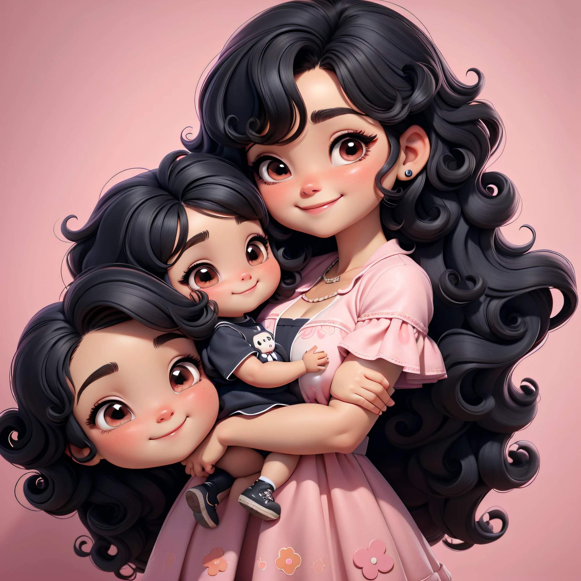 Mom with her two daughters, Adorable baby chibi, com um sorriso radiante no rosto, vestidas com  roupa rosa, Black hair is full of curls , bem gordinha com os olhos grandes e azuis.