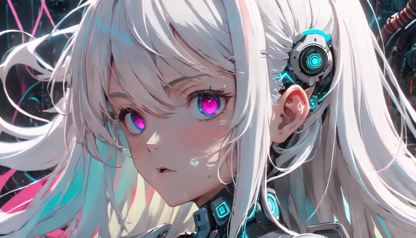 ear blush, fang, whaite hair, The corners of the mouth are raised, Mechanical Aura, Robotic arm, with a round face, long whitr hair, cyber punk perssonage, Surrealism, drop shadow, anaglyph, stereogram, tachi-e, pov, atmospheric perspective, 8k, super detail, ccurate, best quality