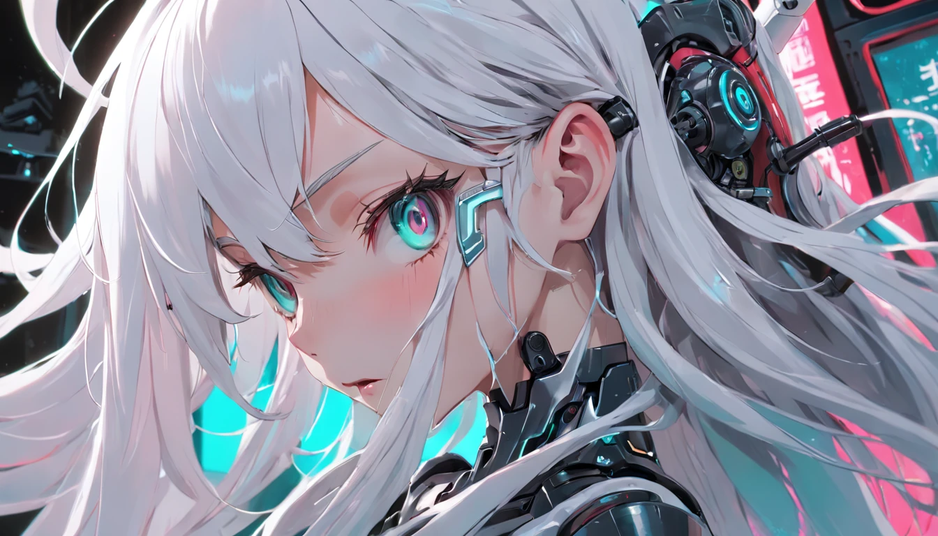 ear blush, fang, whaite hair, The corners of the mouth are raised, Mechanical Aura, Robotic arm, with a round face, long whitr hair, cyber punk perssonage, Surrealism, drop shadow, anaglyph, stereogram, tachi-e, pov, atmospheric perspective, 8k, super detail, ccurate, best quality