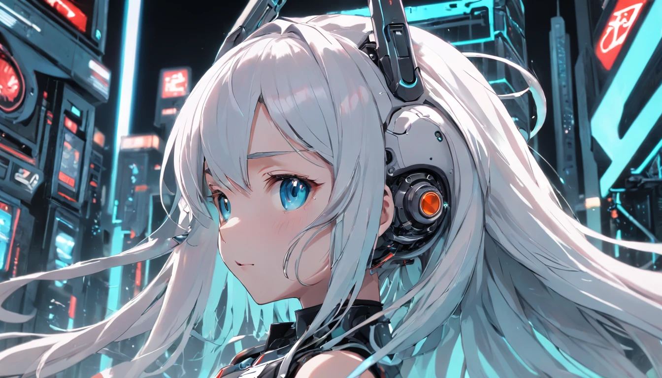 ear blush, fang, whaite hair, The corners of the mouth are raised, Mechanical Aura, Robotic arm, with a round face, long whitr hair, cyber punk perssonage, Surrealism, drop shadow, anaglyph, stereogram, tachi-e, pov, atmospheric perspective, 8k, super detail, ccurate, best quality