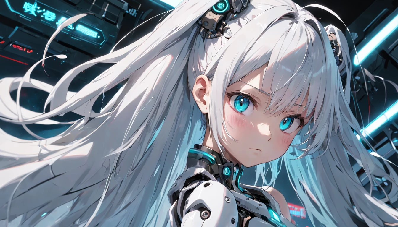 ear blush, fang, whaite hair, The corners of the mouth are raised, Mechanical Aura, Robotic arm, with a round face, long whitr hair, cyber punk perssonage, Surrealism, drop shadow, anaglyph, stereogram, tachi-e, pov, atmospheric perspective, 8k, super detail, ccurate, best quality
