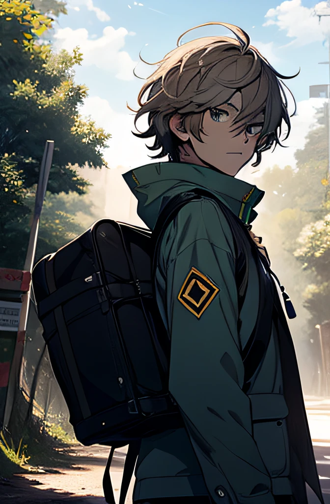A young man with shaggy hair and determined eyes is standing, olhando para o horizonte. Ele veste roupas surradas e carrega uma mochila nas costas. The glint of determination in his gaze contrasts with the sadness of the environment around him.