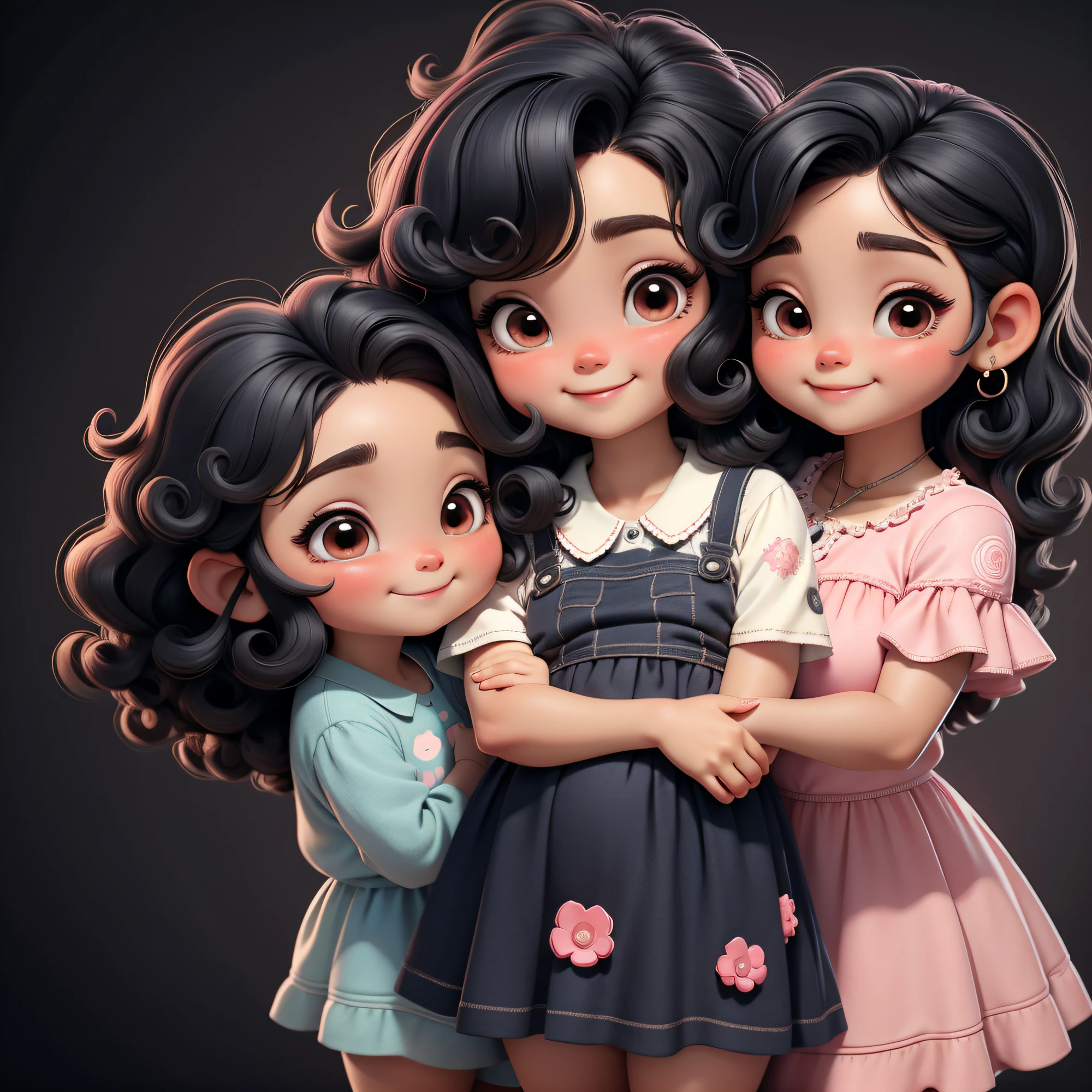 Mom with her two daughters, Adorable baby chibi, com um sorriso radiante no rosto, vestidas com roupa rosa, Black hair is full of curls , bem gordinha com os olhos grandes e azuis.