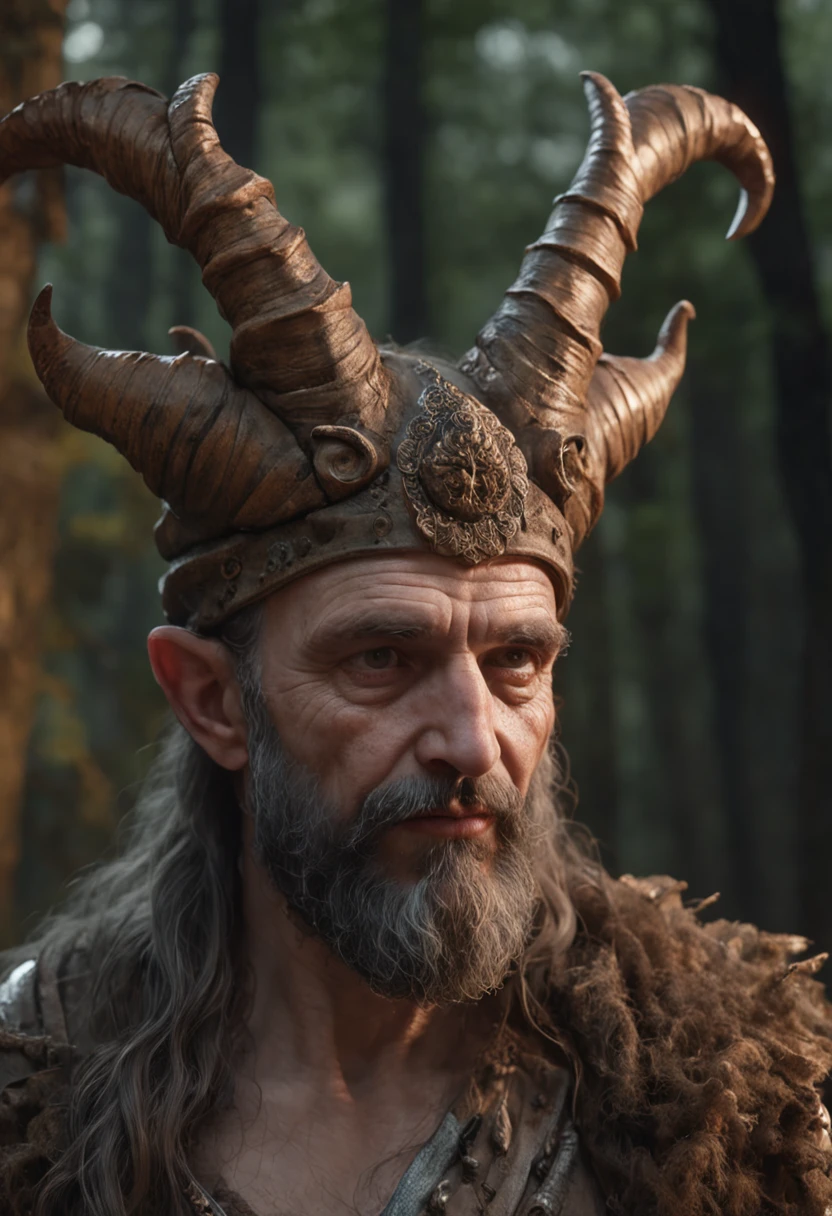 Satyr portrait. Portrait of horned and furred satyr skulking in the dark forest. A epic fantasy image illustration, old mystery, magic, best quality, fantasy movies, fantasy tales, worn-looking clothes, masterpiece, ultra high res, (photo realistic:1.4), Cinematic, 35mm lens, f/ 1. 8, 8k, sky, nature, (good luck light), perfect composition, beautiful detailed intricate insanely detailed octane render trending on artstation, 8 k artistic photography, photorealistic concept art, soft natural volumetric cinematic perfect light, chiaroscuro, award - winning photograph, masterpiece, oil on canvas, raphael, caravaggio, greg rutkowski, beeple, beksinski, giger photorealism, in the style of artgerm, extravagant imagination, exaggerated, warm light, neon ambiance, abstract black oil, detailed acrylic, grunge, intricate complexity, rendered in unreal engine, photorealistic art by Ralph Horsley, caricatured by cool graffiti style, shorty, haze filter, fisheye, vanishing point, vignetting, caustics, Masterpiece, dynamic spectrum lighting, high detail, amazing quality, saturated, light in contrast, factured face, ultra highly detailed, cinematic, 32k, ultra hd, realistic, vivid colors, highly detailed, UHD drawing, pen and ink, perfect composition, beautiful detailed intricate insanely detailed octane render trending on artstation, 8k artistic photography, photorealistic concept art, soft natural volumetric cinematic perfect light, shadow, digital art, Jean-Baptiste Monge style, beautiful, splash close up, cute and adorable, filigree, rim lighting, lights, extremely, magic, surreal, fantasy, digital art, wlop, artgerm and james jean, sharpness, gloss, ultra hd, realistic, vivid colors, highly detailed, UHD drawing, pen and ink, perfect composition, beautiful detailed intricate insanely detailed octane render trending on artstation, 8k artistic photography, photorealistic concept art, soft natural volumetric cinematic perfect light