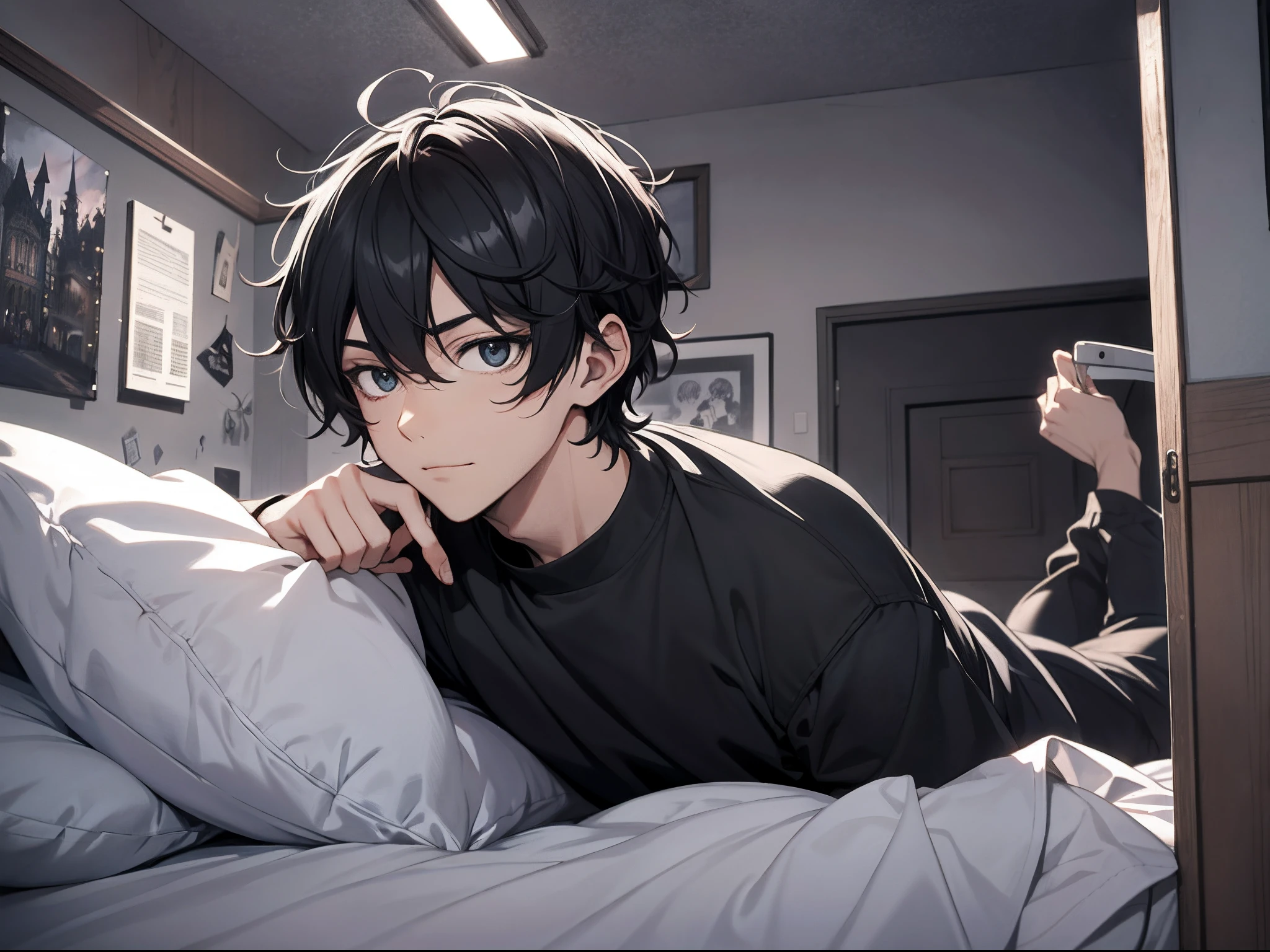 Absurd resolution, High resolution, (masutepiece: 1.4), Hyper-detailing, Night, Messy short black hair of a young man, Black casual clothes, Spooky room, Lying in bed,Excitement
