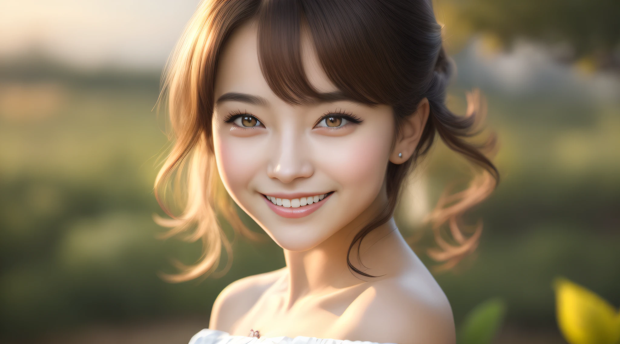 best quality, masterpiece, ultra high res, photorealistic, anime girl, offshoulder, smile