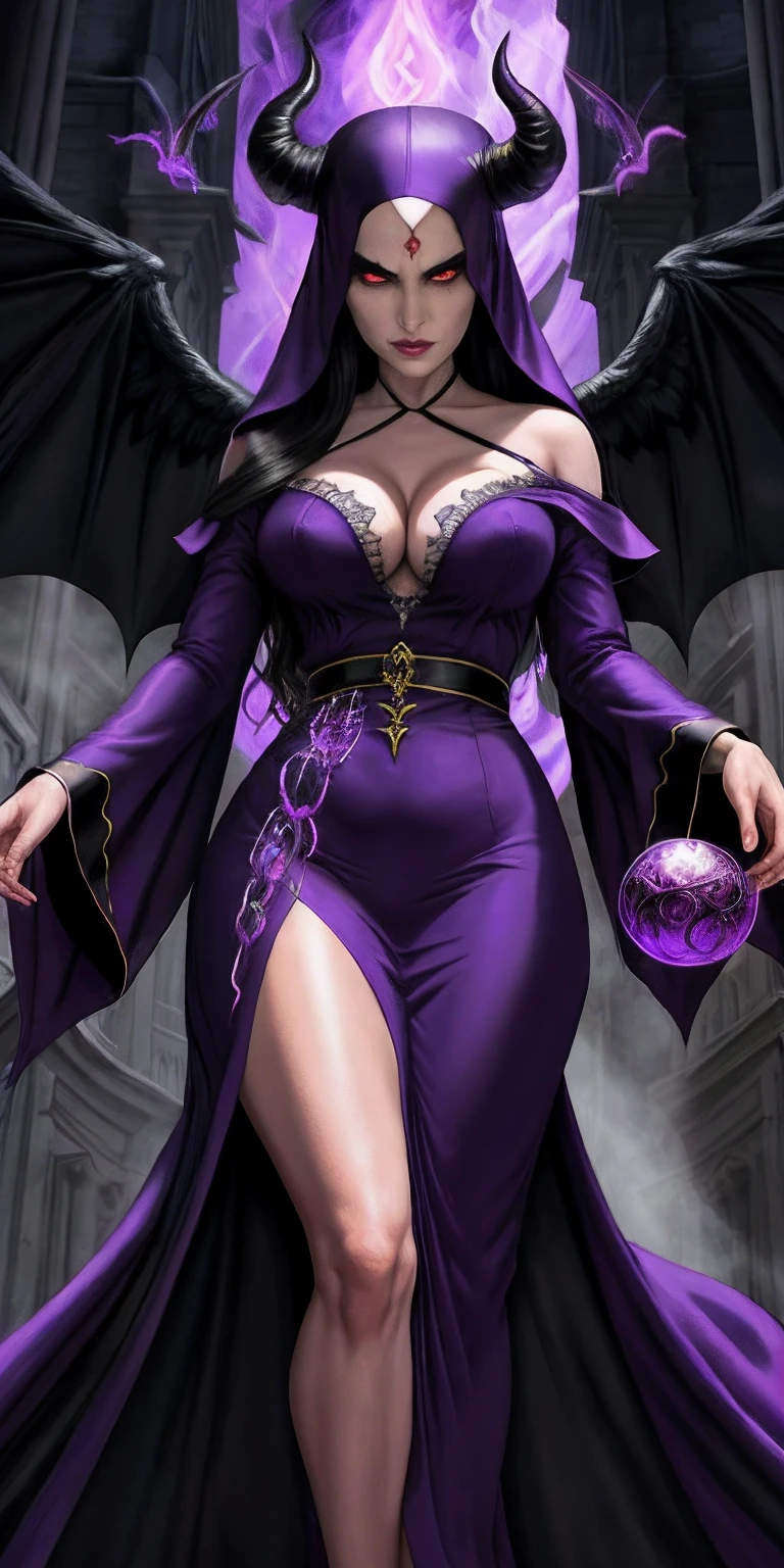 Lisa Ann: The evil nun, Demon horn, Demon wings on the head , sexy robe de nonne, His hands preparing a sphere of purple energy, diabolique, insidieux, His powerful magic hits the buildings of a city , Context of the Satanic Church, detailled eyes, detailed hands