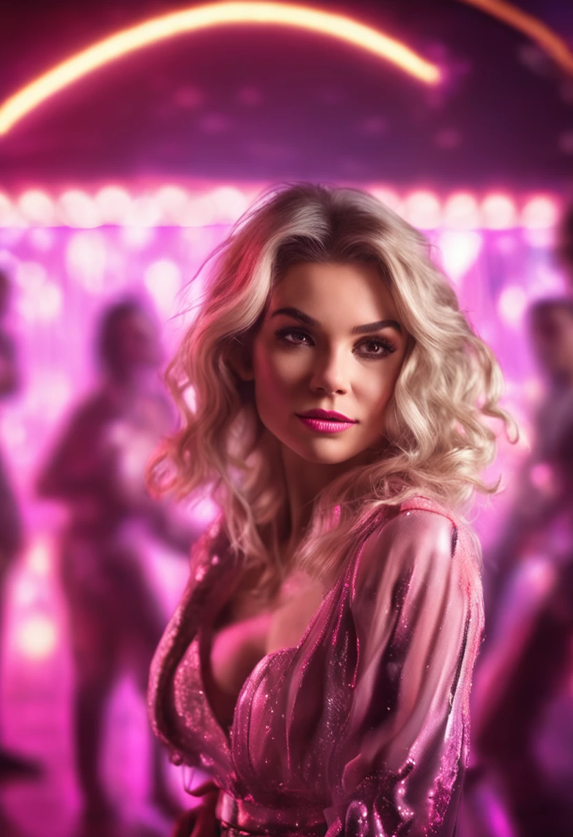 Generar una imagen realista de cuerpo entero de una modelo latina con un corte de pelo pixie rubio largo. She's posing in a dazzling ballroom with a bright dance floor and twinkling lights., todo cubierto de nieve. She is dressed in Hollywood movie star fashion, including satin dresses and fur stoles, but with a touch of post-apocalyptic survivor with worn leather jackets and glasses. Furthermore, is wearing a tight pink miniskirt and white boots. La imagen debe estar capturada en una noche oscura iluminada por la luz de la luna y flash brillante, creando un tema oscuro con sombras duras y un fondo en alto contraste. Debe haber un enfoque en sus ojos, with dappled lighting and hair light. The style of the image should be reminiscent of both Y2K fashion and the 80s, with an aesthetic of deep reds and an overexposed and blurred analog film grain type Polaroid. Los colores predominantes son rosa y blanco.