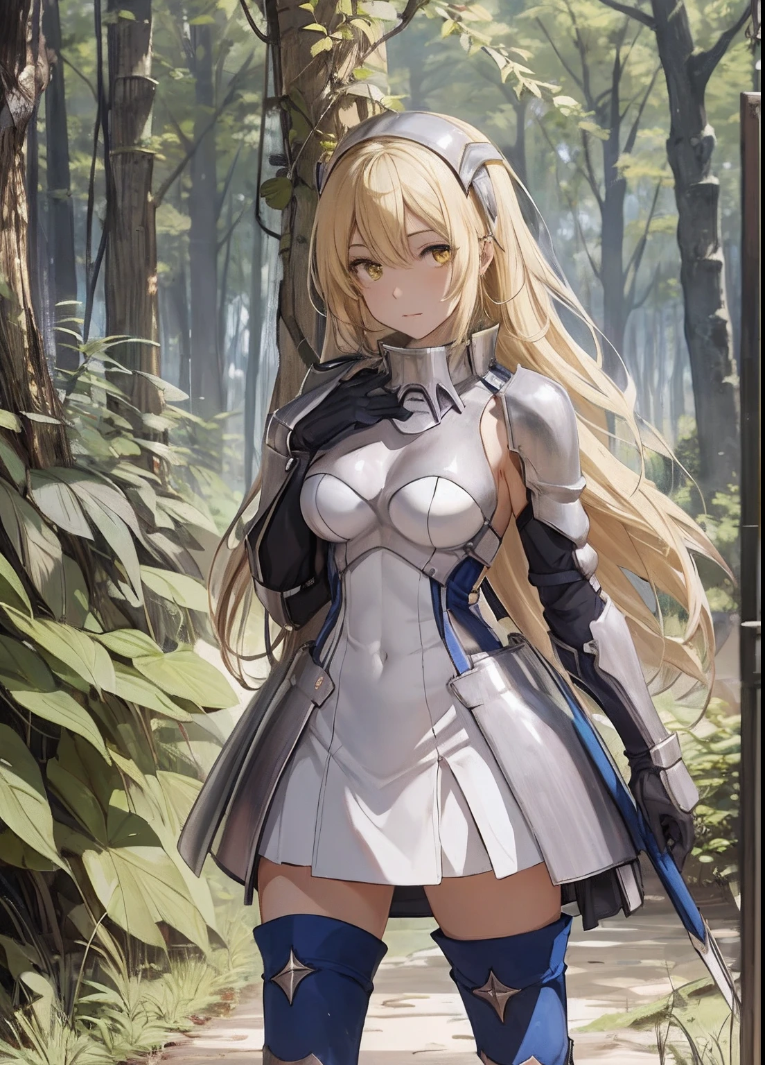 ais, 1girl, solo, blonde hair, armor, long hair, straight hair, thighhighs, boots, dress, yellow eyes, thigh boots, blue long boots, blue footwear, covered navel, breastplate, shoulder armor, gloves, white dress outdoor, sunny, standing