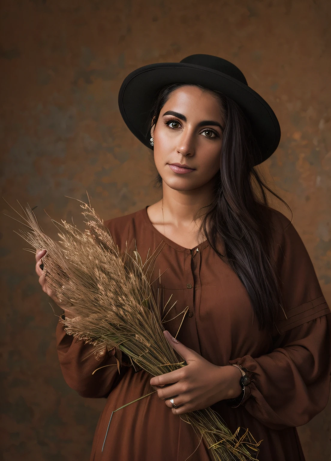 Arafed woman in a brown dress and black hat holding a mound of dry grass, retrato editorial, fotografia de retrato fine art, imagem retrato, retrato da fotografia, Retrato de 60mm, retrato de alta qualidade, photoshoot retrato de alta qualidade, 7 0 mm portrait, retrato colorido, 1 3 5 mm retrato nikon, foto retrato, Retrato no meio da foto, retrato ambiental, Retrato de 50mm