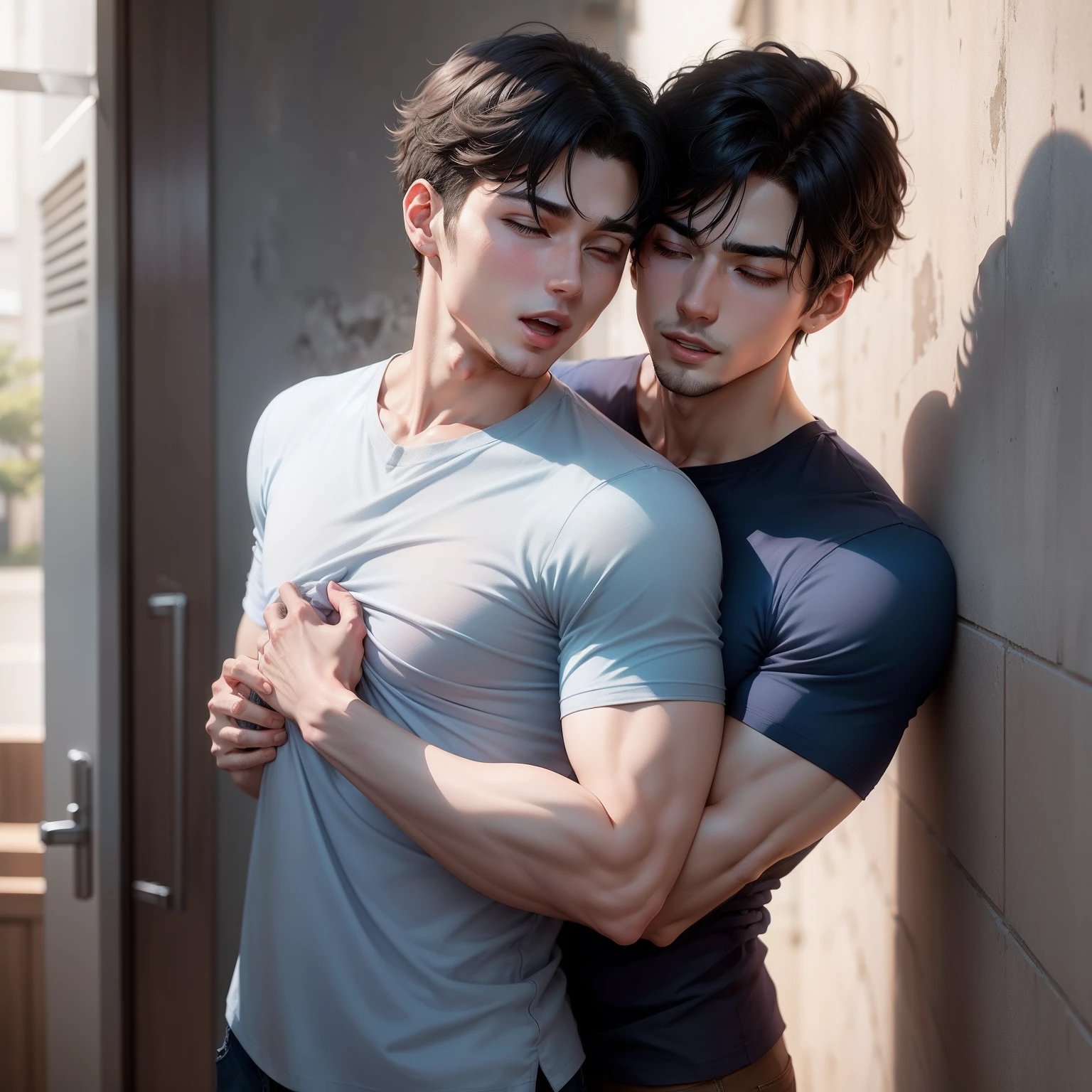 Two men hugging each other in front of a wall、The shirt、A dark-haired、Pedras preciosas、耳Nipple Ring、Yaoi、Blue shirt、white  shirt、Plaid shirt、short-hair、symple background、The upper part of the body、open open mouth