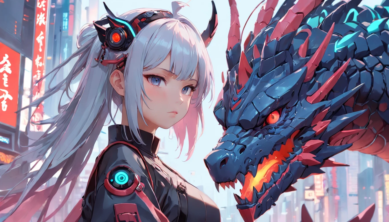 Anime girl with dragon headdress and dragon on her shoulder, cyberpunk art inspired by Ai Xuan, pixiv contest winner, Fantasy art, Guviz-style artwork, Digital cyberpunk anime art, Digital anime illustration, style of anime4 K, digitl cyberpunk - anime art, Guviz, Beautiful digital artwork, Guweiz in Pixiv ArtStation,whaite hair, The corners of the mouth are raised, Mechanical Aura, Robotic arm,