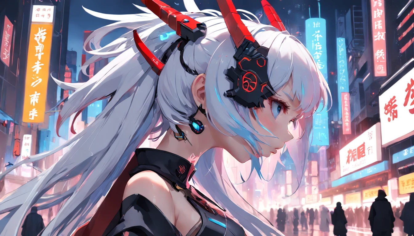 Anime girl with dragon headdress and dragon on her shoulder, cyberpunk art inspired by Ai Xuan, pixiv contest winner, Fantasy art, Guviz-style artwork, Digital cyberpunk anime art, Digital anime illustration, style of anime4 K, digitl cyberpunk - anime art, Guviz, Beautiful digital artwork, Guweiz in Pixiv ArtStation，whaite hair, The corners of the mouth are raised, Mechanical Aura, Robotic arm,