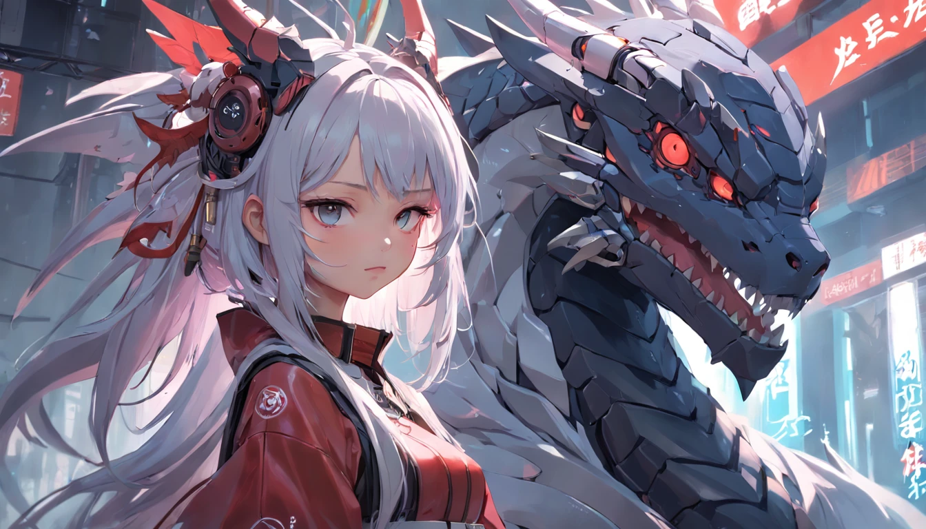 Anime girl with dragon headdress and dragon on her shoulder, cyberpunk art inspired by Ai Xuan, pixiv contest winner, Fantasy art, Guviz-style artwork, Digital cyberpunk anime art, Digital anime illustration, style of anime4 K, digitl cyberpunk - anime art, Guviz, Beautiful digital artwork, Guweiz in Pixiv ArtStation,whaite hair, The corners of the mouth are raised, Mechanical Aura, Robotic arm,