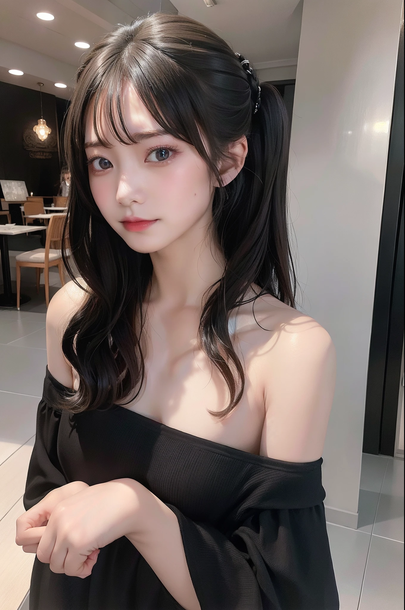 top-quality, masterpiece, 超A high resolution, (Realisticity: 1.4), OriginalPhotographs, 1girl in, Black off-shoulder, Cinematic lighting、Cute、Half Up Hair、onepiece、inside in room、cafes