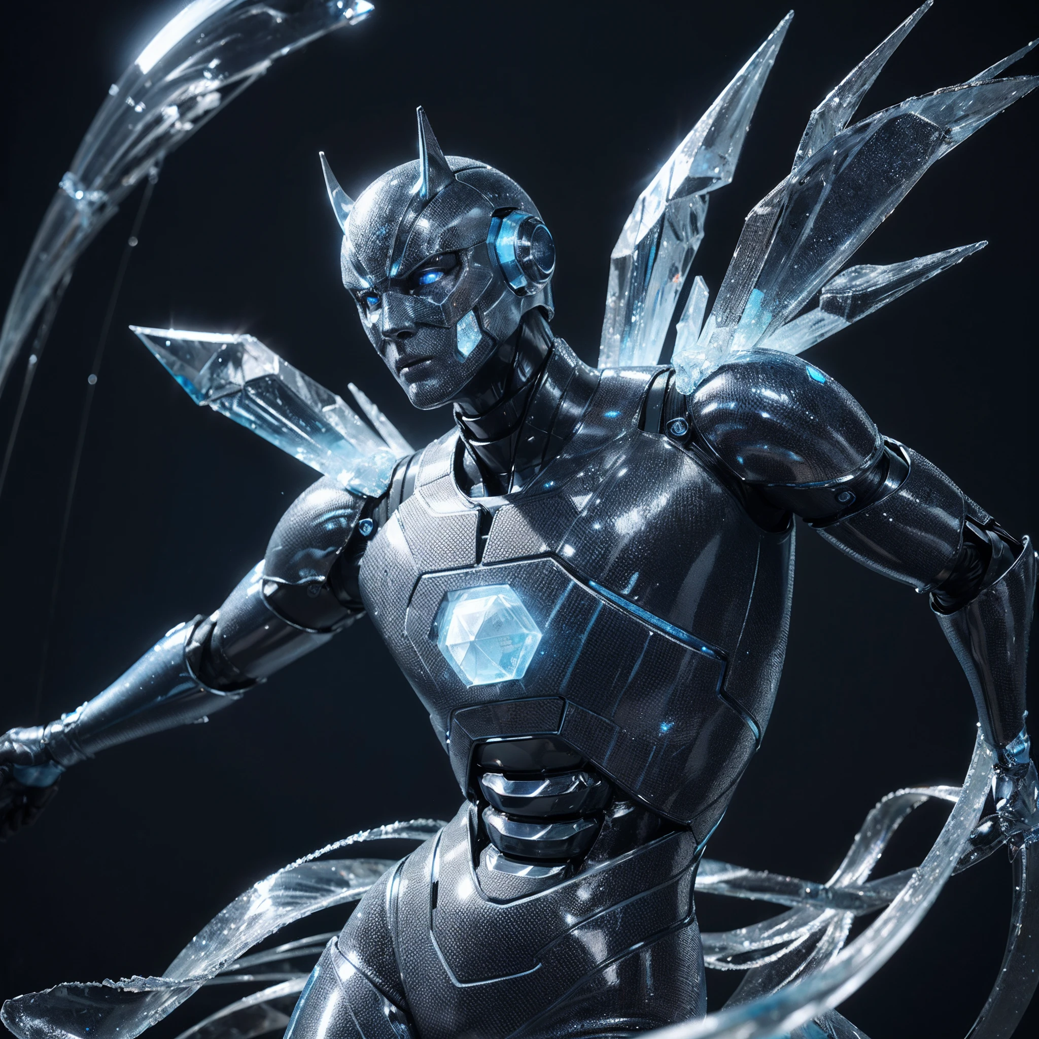 A blue robot inspired by the blue frozen ice, muscular, glowing eyes, body made of ice, ice curves on the body, blue ice on the chest, photography style, real landscape, (iced texture: 1.8), (super detail: 2), (super high resolution: 1.6), (carbon fiber: 1.6)