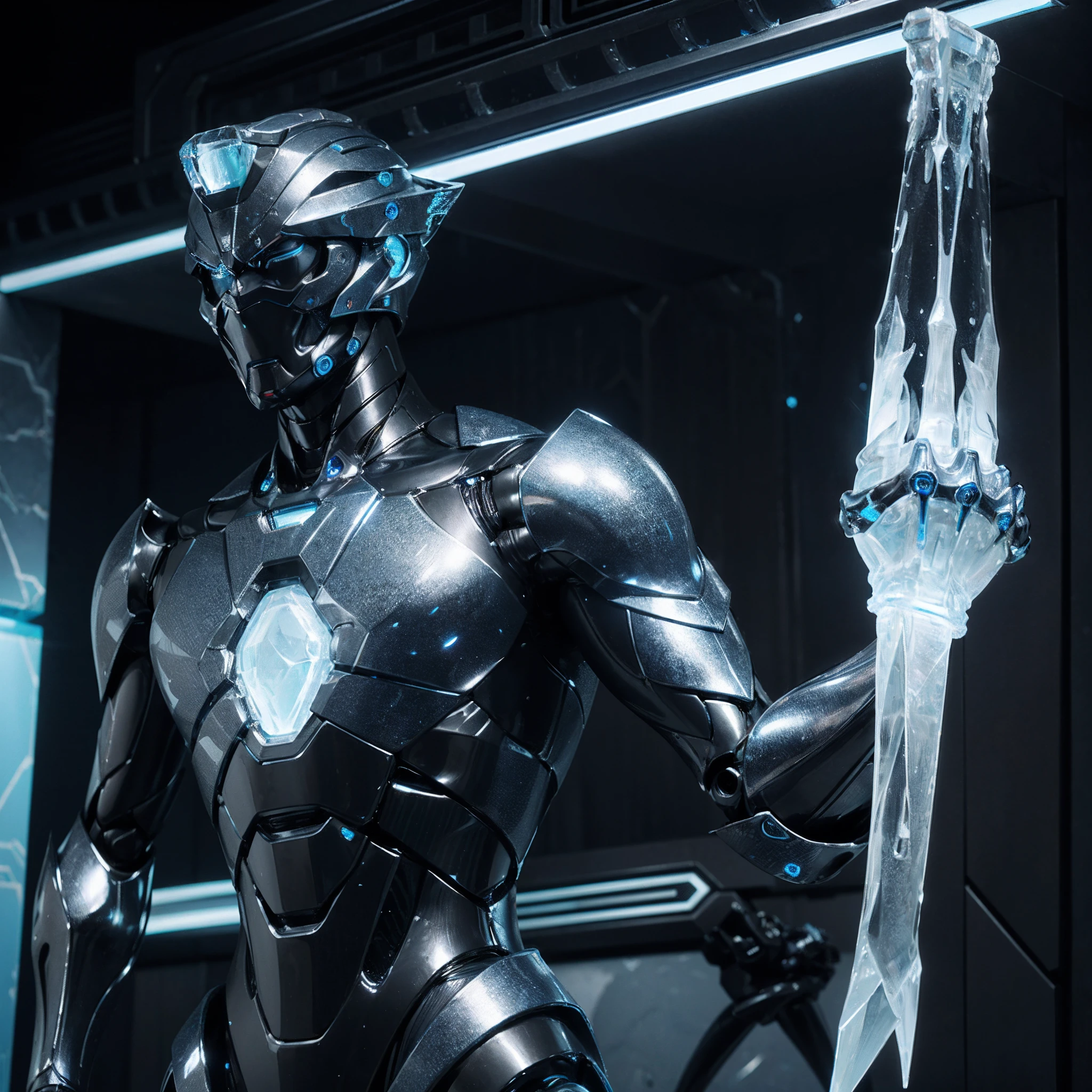 A robot inspired by the blue frozen ice, muscular, glowing eyes, body made of ice, ice curves on the body, holding a mechanical fist, blue light on the chest, photography style, real landscape, (metallic texture: 1.8), (super detail: 2), (super high resolution: 1.6), (carbon fiber: 1.6)