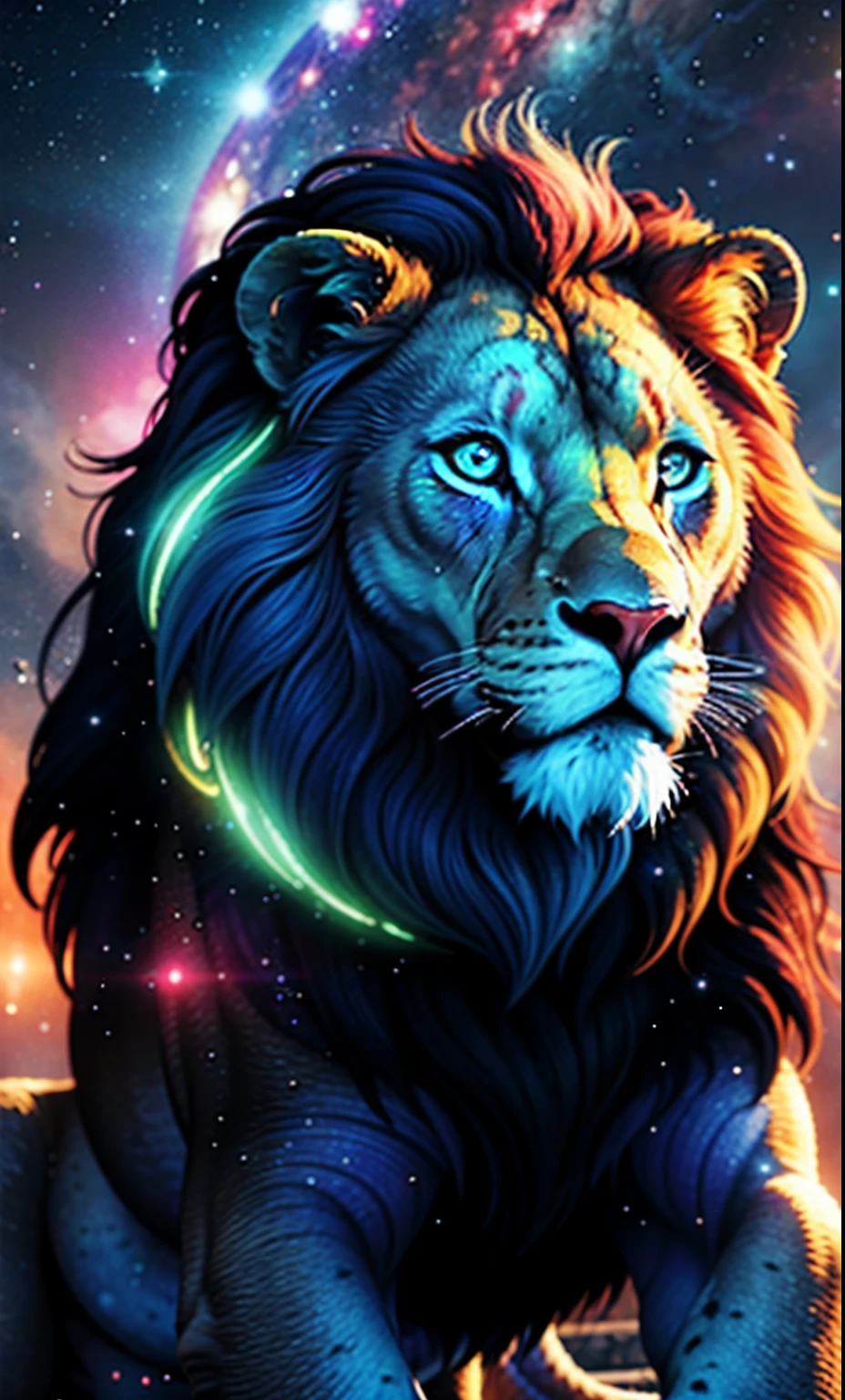 une photographie Galaxies, Spirales, espace, nebulas, stars, smoke, iridescent, intricate high detail, in the form of a lion, octane rendered, Hyper realistic 8K, lifelike texture, Unreal daylight engine, Cinestill 800, (Objectif 35mm)
