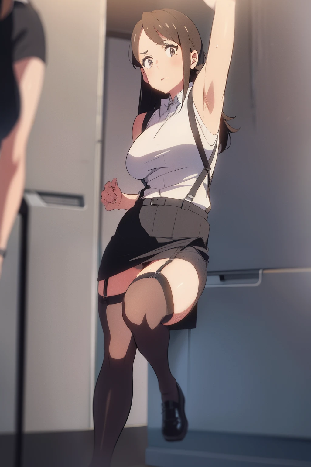 Black skirt, Tank Tops　suspenders, Brown hair Gray eyes, Garter belt on the legs, Tight clothes, 　　 a belt　Armpit sweat　　deadpan　large full breasts