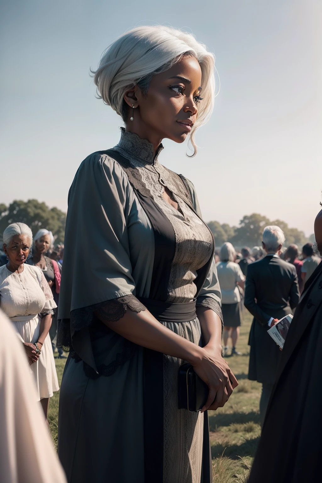 A CROWD IN THE FIELD TALKING TO A BEAUTIFUL 60-YEAR-OLD BLACK LADY WITH GRAY HAIR
