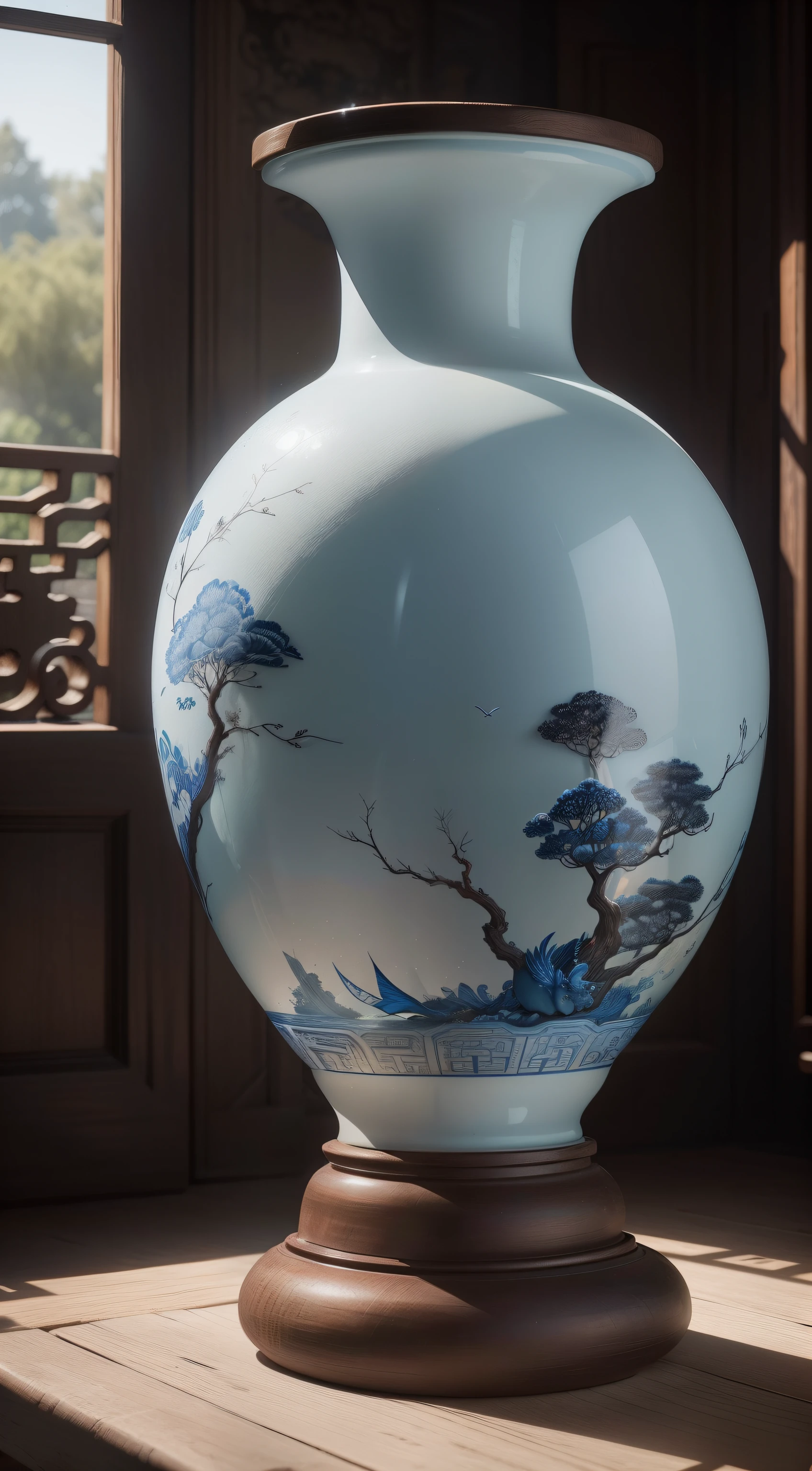 Ancient Chinese blue and white porcelain vase，Close-up of details，,Well-made porcelain vases，Sleek shape，There is a dragon-shaped sculpture around the bottle，Delicate blue and white glass，The porcelain vase has exquisite painting patterns on it，Porcelain white bottle，Pattern of the blue line，Intricate patterns of ancient animals and figures，Dazzling light，Elevation viewing angle，In the background is an old Chinese living room，Carved wooden coffee table，Features a layered depth of field effect（light and shadow effect），（Depth of field effect），（Tyndall），（Light particle tracing），（CG），（Cinematic lighting visuals），（Volumetriclighting），（Unreal 5），（cinema4d），（vivd colour）,（Obvious layers）,（Photography Award）,（8k wallpaper）,（Masterpiece）,（best qualtiy）, photorealestic，realisticlying
