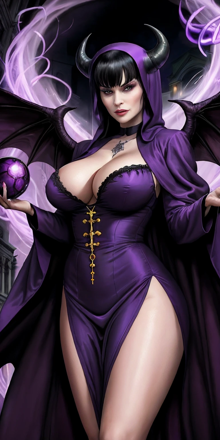 Lisa Ann: The evil nun, Demon horn, Demon wings on the head , sexy robe de nonne, His hands preparing a sphere of purple energy, diabolique, insidieux, His powerful magic hits the buildings of a city , Context of the Satanic Church, detailled eyes, detailed hands