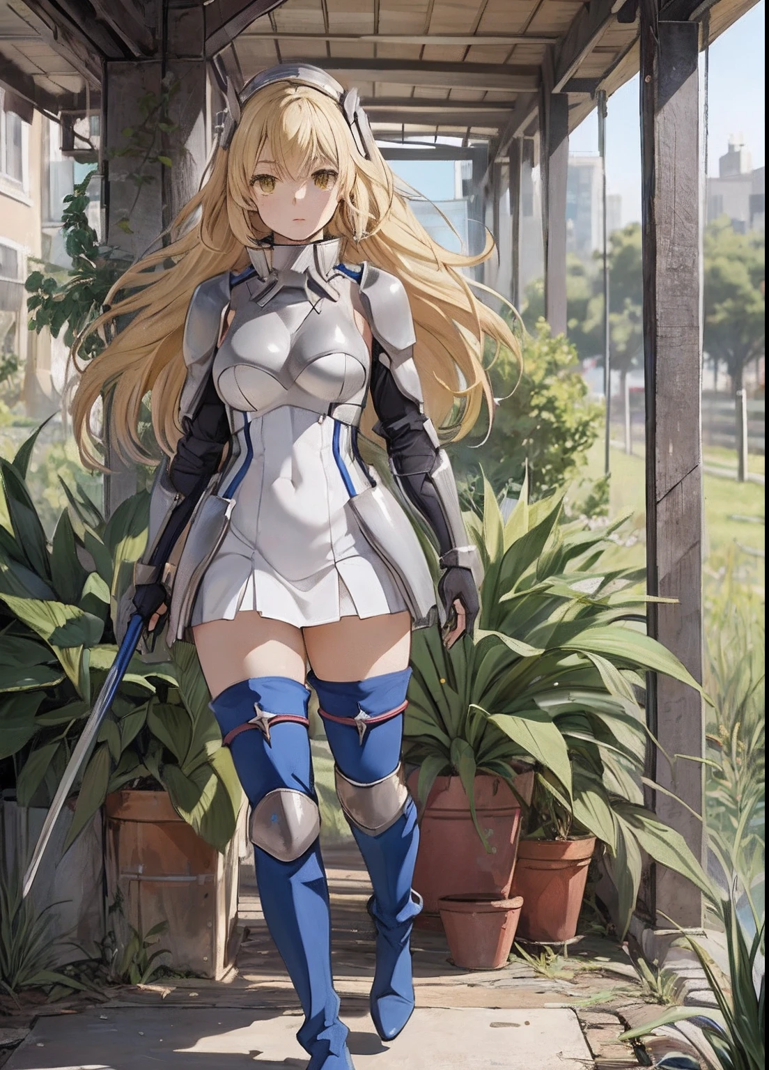 ais, 1girl, solo, blonde hair, armor, long hair, straight hair, thighhighs, boots, dress, yellow eyes, thigh boots, blue long boots, blue footwear, covered navel, breastplate, shoulder armor, gloves, white dress outdoor, sunny, standing