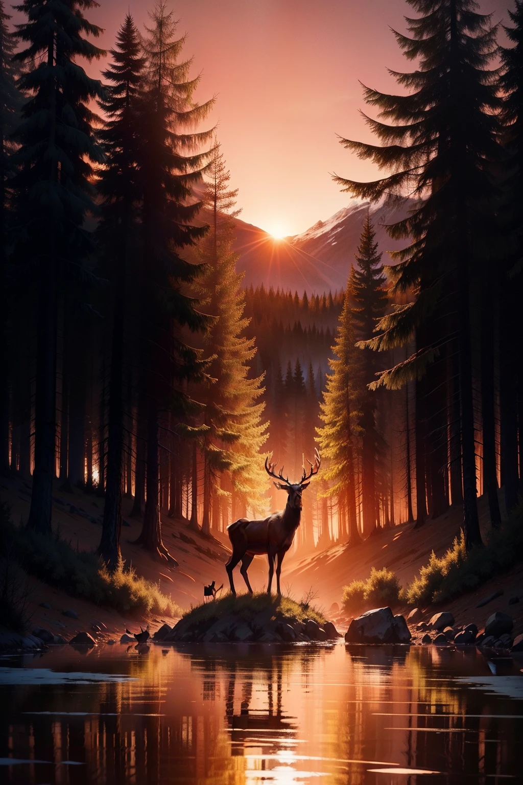 Elk standing on the edge of a creek in the forest，Sideways quietly watching the audience，Two antlers with long ears protrude，Behind it is a huge red sunset，Elk in silhouette