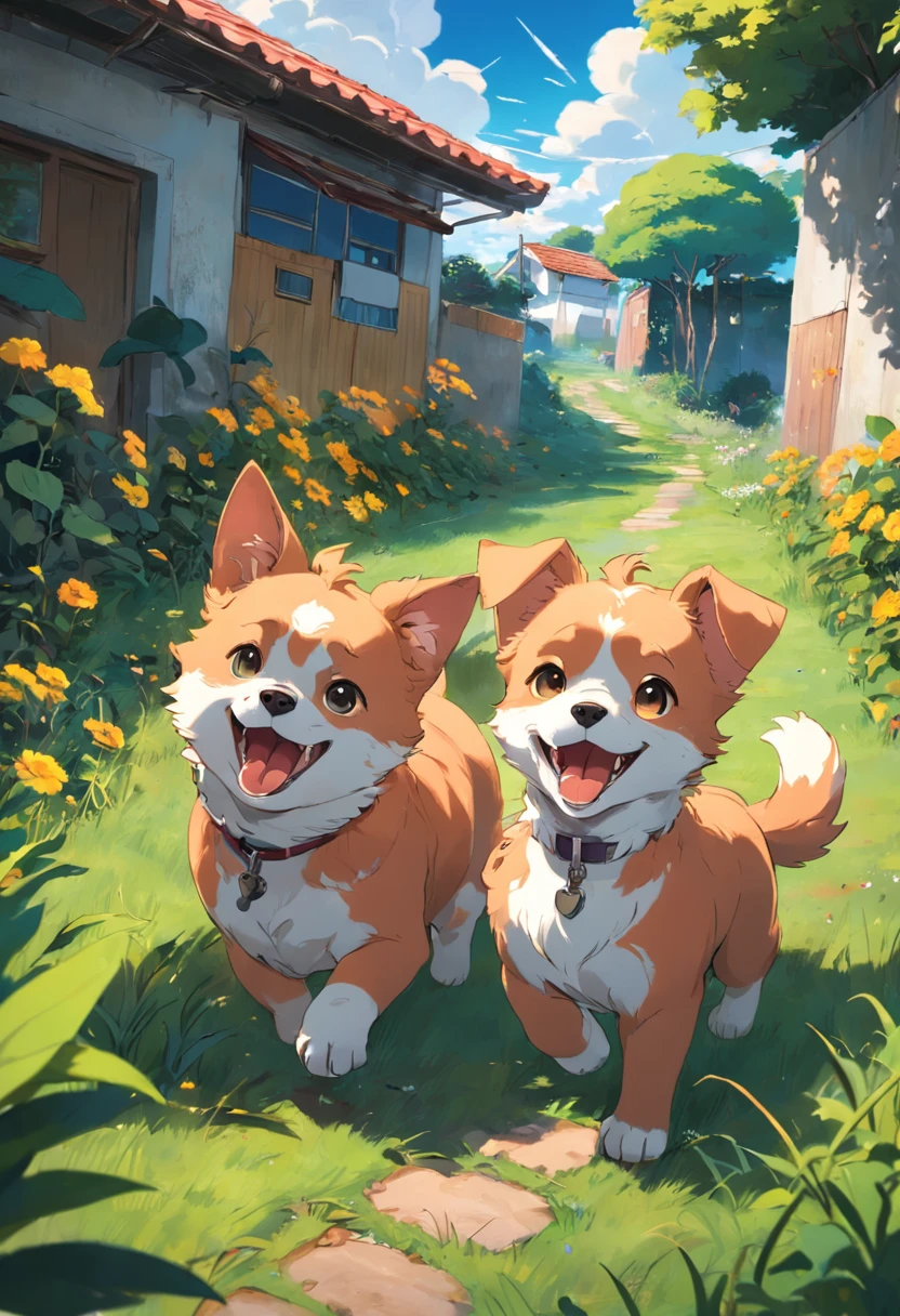 Tito e Fifi correndo alegremente pelo quintal ensolarado. Tito, o cachorrinho, with his ears raised and tongue out, corre ao lado de Fifi, a gatinha, que pula com agilidade. The backyard is filled with green grass and colorful flowers. The sunny, blue sky complements this lively scene.