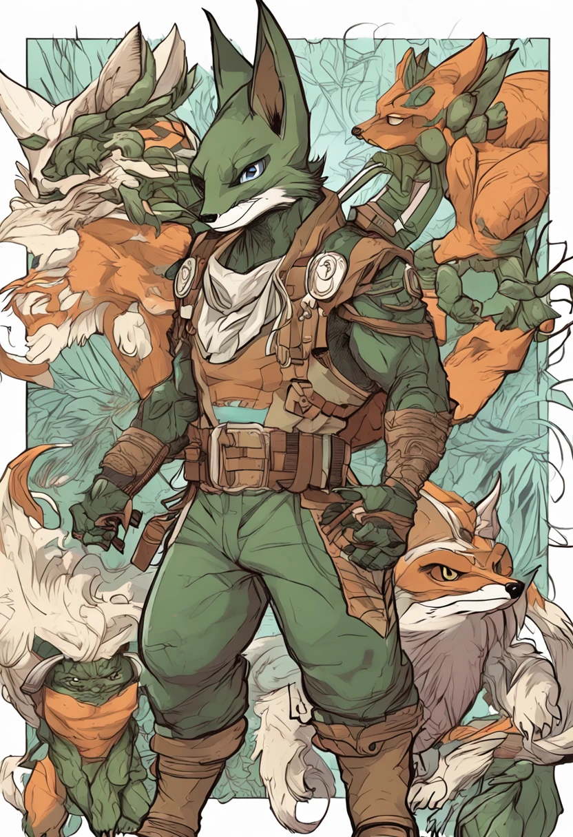 a humanoid creature with the features of a fox and mutant traits similar to those of the Ninja Turtles. The creature should have the body shape of a human, but with fox-like fur and facial features, such as a pointed snout and triangular ears. The mutant traits could include things like enhanced agility, strength, or other abilities that are typical of mutated creatures in popular culture. The image should be visually striking and convey a sense of adventure and excitement.