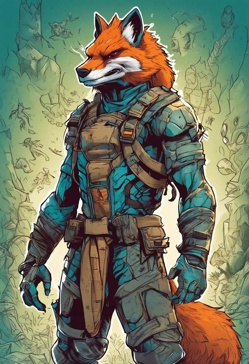 a humanoid creature with the features of a fox and mutant traits similar to those of the Ninja Turtles. The creature should have the body shape of a human, but with fox-like fur and facial features, such as a pointed snout and triangular ears. The mutant traits could include things like enhanced agility, strength, or other abilities that are typical of mutated creatures in popular culture. The image should be visually striking and convey a sense of adventure and excitement.
