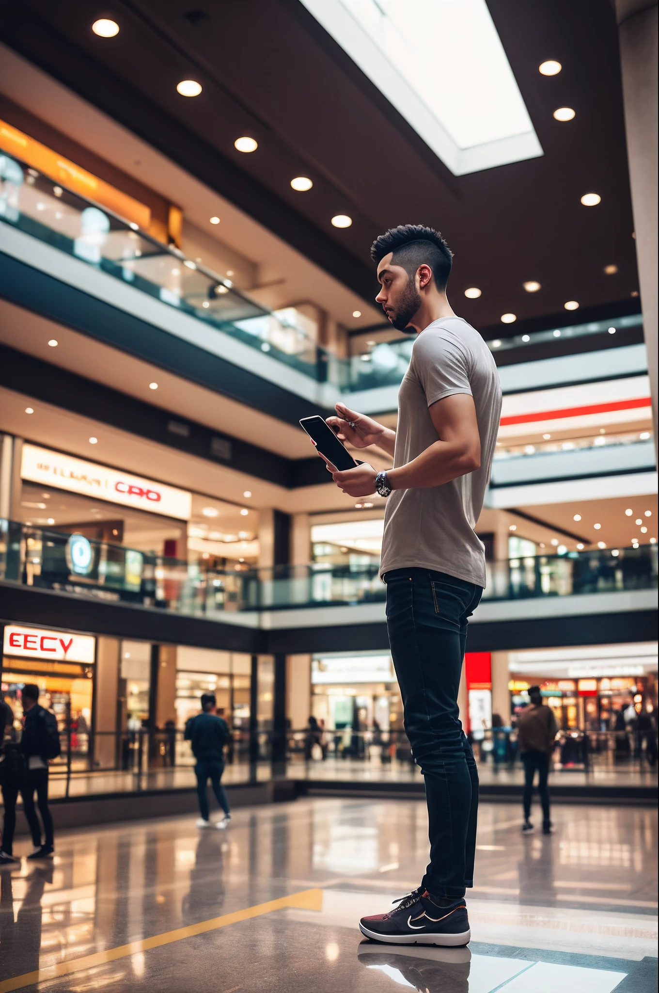 there is a man standing on a glass platform looking at his cell phone, appearing in a shopping mall, full body photogenic shot, taken with sony alpha 9, in a mall, full body picture, at a mall, candid picture, candid photo, full body profile camera shot, taken with sony a7r camera, with a cool pose, very artistic pose, casual pose