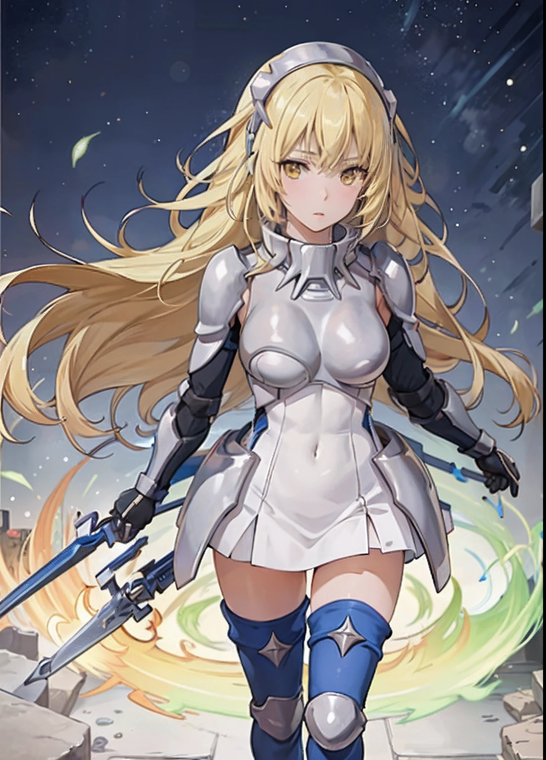 ais, 1girl, solo, blonde hair, armor, long hair, straight hair, thighhighs, boots, dress, yellow eyes, thigh boots, blue long boots, blue footwear, covered navel, breastplate, shoulder armor, gloves, white dress outdoor, sunny, standing, sitting
