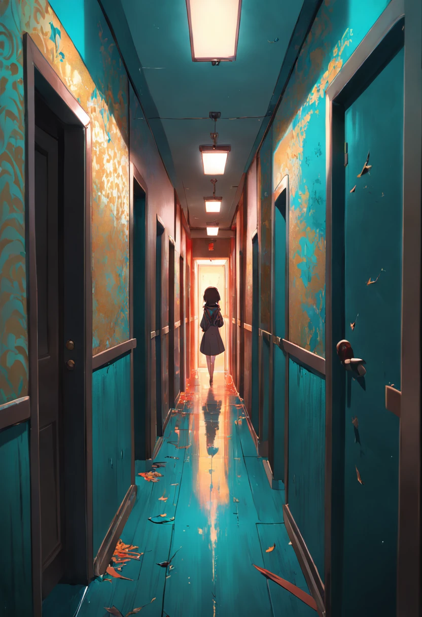 A long, narrow corridor with peeling wallpaper and flickering lights.