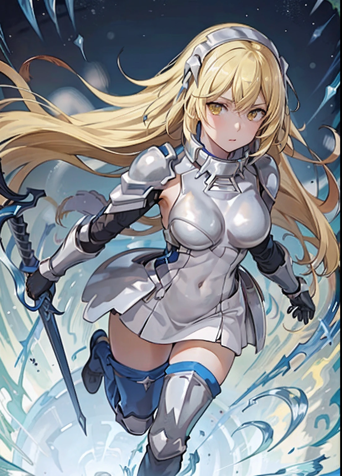 ais, 1girl, solo, blonde hair, armor, long hair, straight hair, thighhighs, boots, dress, yellow eyes, thigh boots, blue long boots, blue footwear, covered navel, breastplate, shoulder armor, gloves, white dress outdoor, sunny, standing, sitting