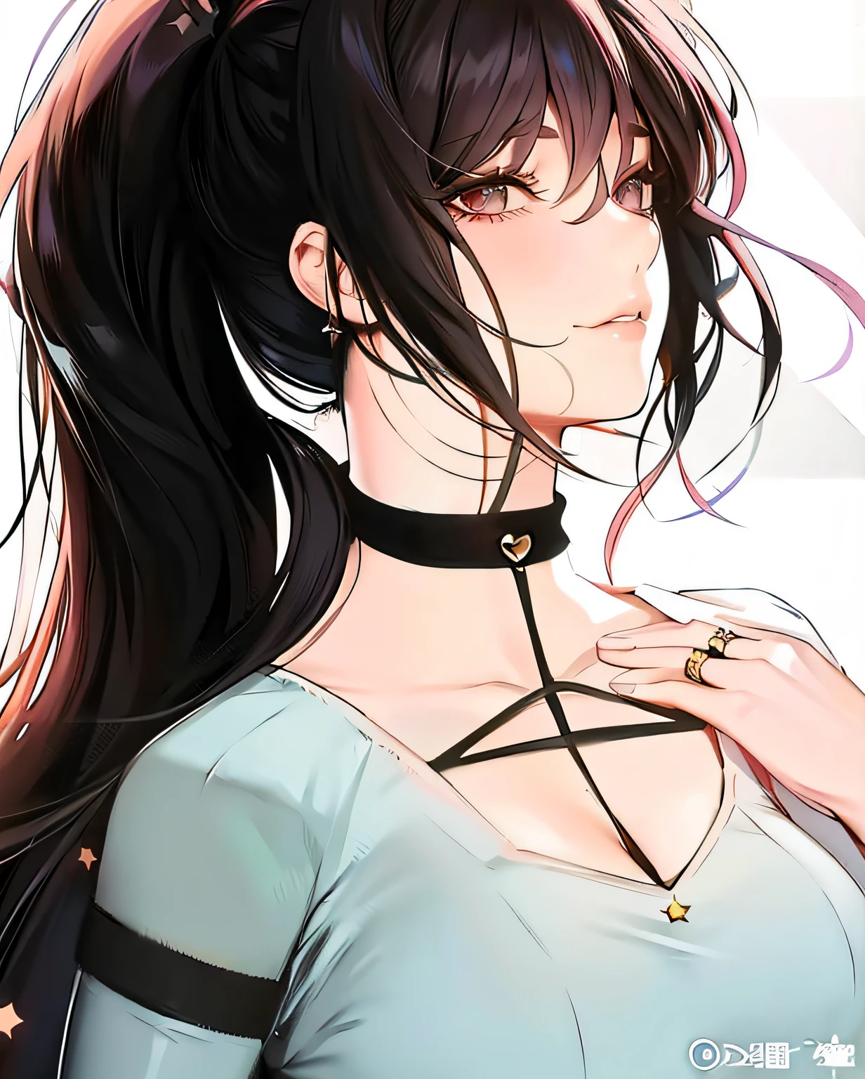 Anime girl with long hair and necklace with stars, Anime girl with long hair, attractive anime girls, seductive anime girls, anime moe art style, ilya kuvshinov with long hair, wearing a choker, realistic anime artstyle, Anime girl wearing black dress, anime visual of a cute girl, An anime girl, High Quality Anime Art Style