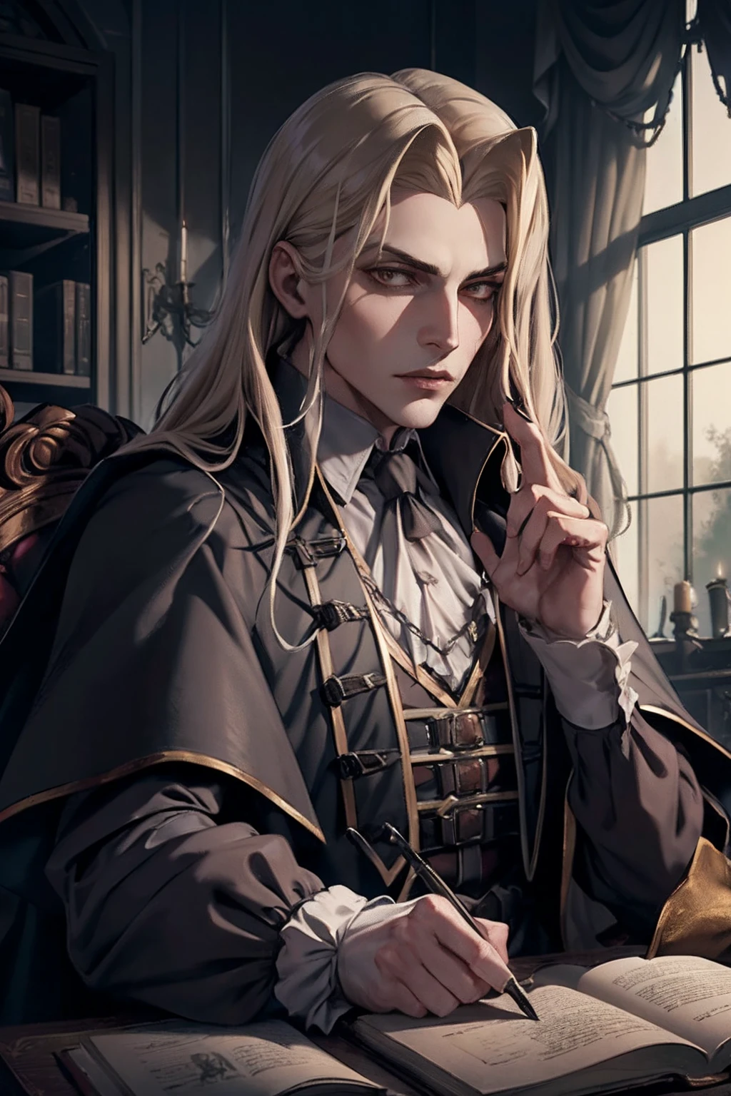 1homme, bel homme, Upper body portrait of Alucardcastlevania Wearing a court suit in the bedroomGothic room, bougie, Regarder le spectateur, Dim Light, Sombre, horreur \(theme\), Realstic, longue blonde,