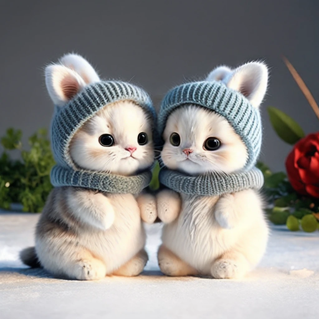 an adorable cat and its playful baby cat stand together on a pristine white backgruond