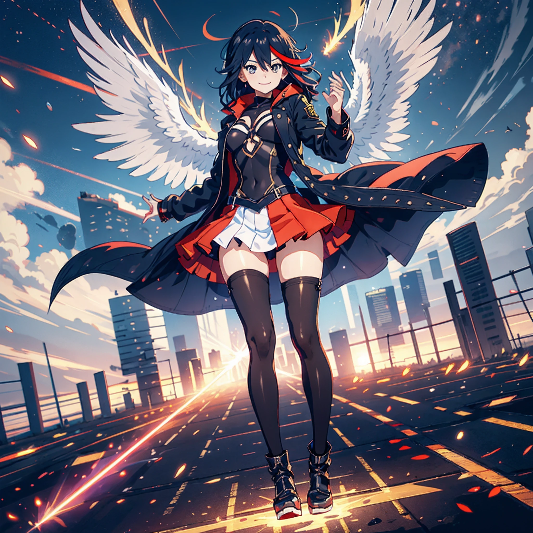 Anime, flying through the sky with black angel wings, golden leotard armor, In Battle, Chaos, shooting laser beams from hands, masterpiece ,pantyhose, boots,magicagirl body suit, large skirt, smile, long skirt,standing,smile forest,matoi ryuuko, pants, vest, pullover, coat, full body