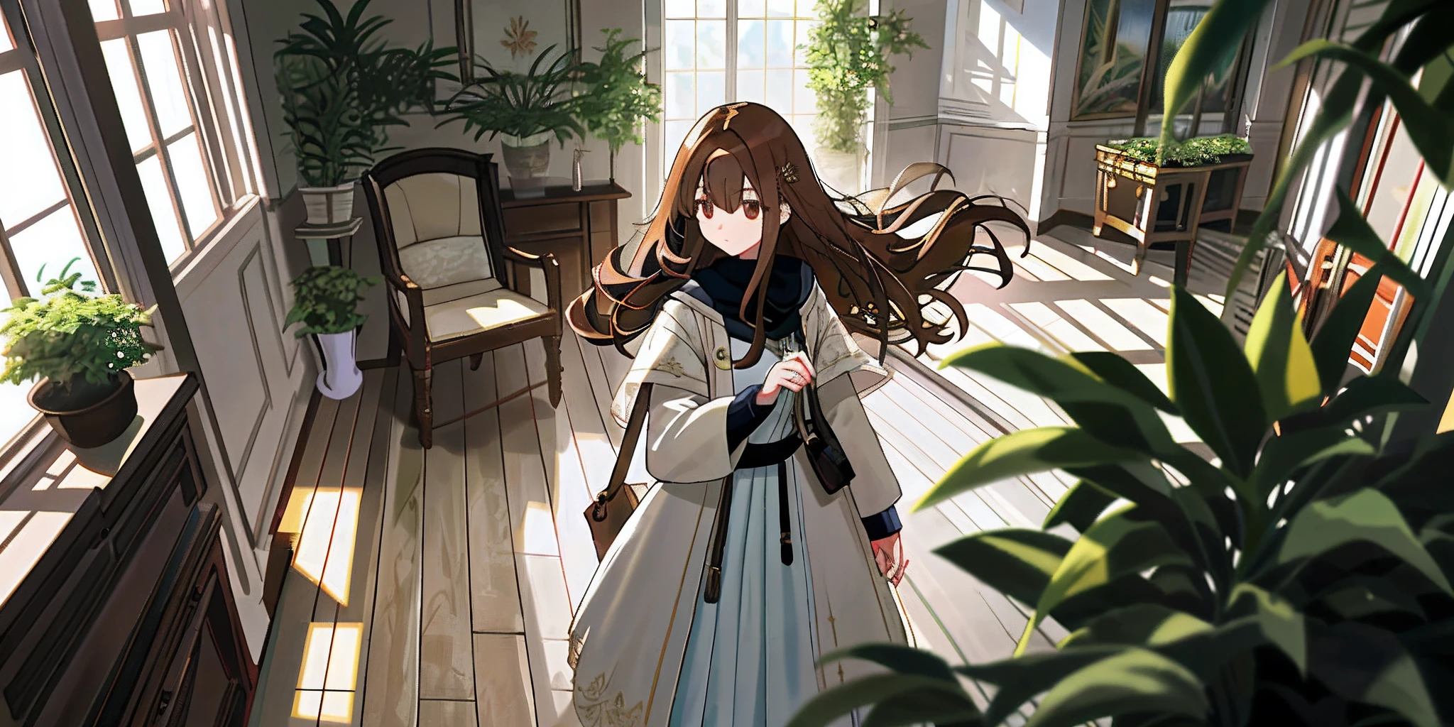 "(tmasterpiece，Best picture quality), long whitr hair, brown  hair, A plant, looking at viewert, with brown eye, bag, White coat, longer sleeves, inside in room, holding a stuff, By bangs, Manteau, Independent focus, shift dresses, standing on your feet,, white dresses, one-girl, jewelry, 耳Nipple Ring, Hair between the eyes, Open clothes"