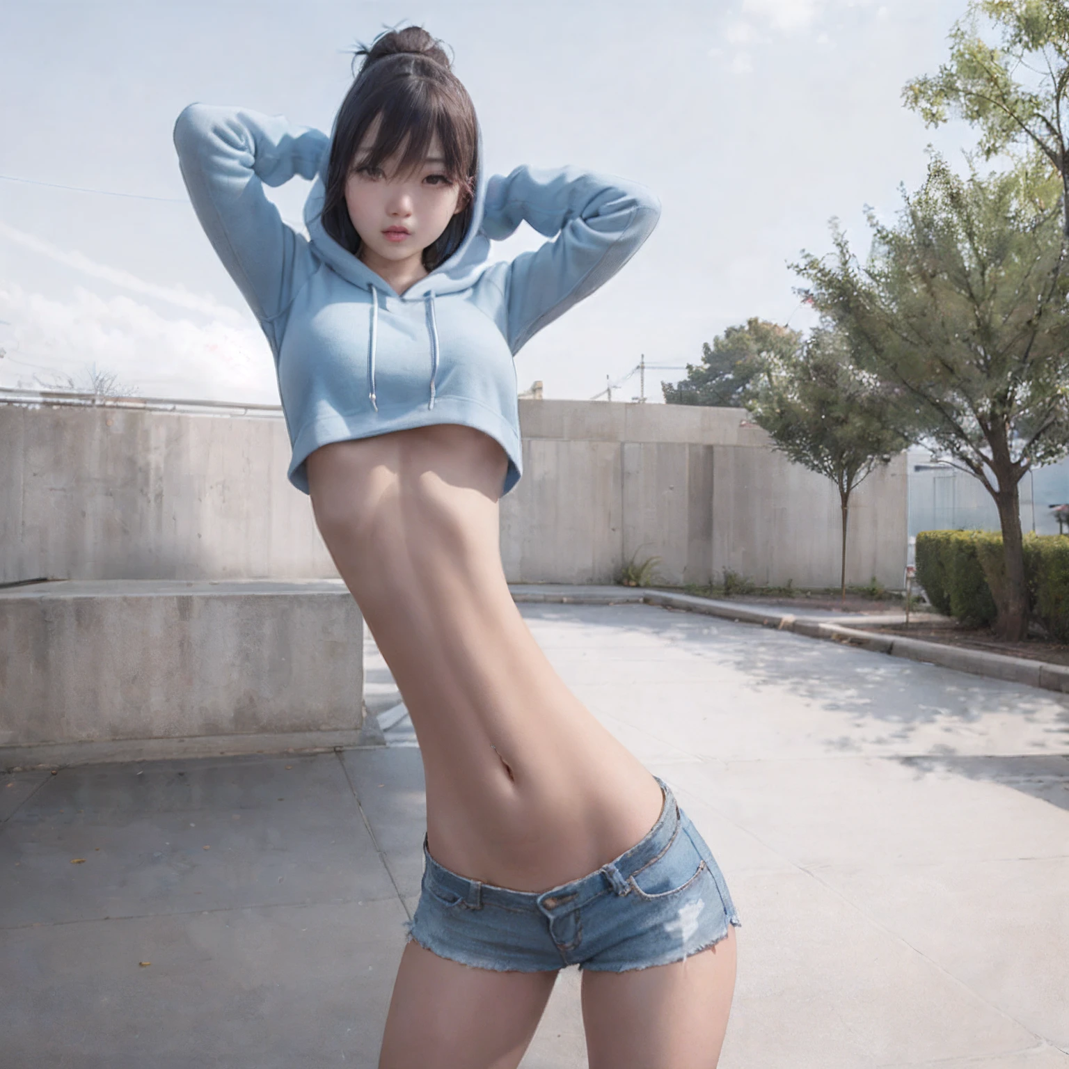 realistic, highest quality, pretty korean girl wearing shorts and hoodie, tall, slender figure, skinny, posing for photo, stretching, (longtorso:1.2)