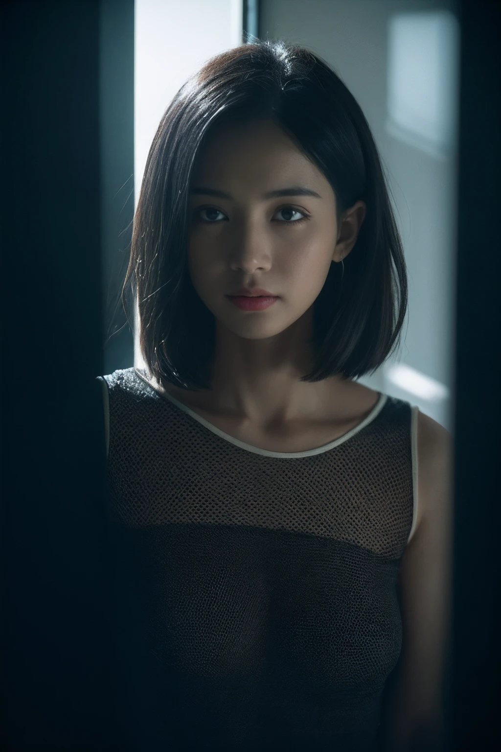 ((Highest quality)), ((masterpiece)), (detailed), Perfect Face, she is flat ,, small girl, slim, Black Bob, forehead, ((Frightened expression)), (crying), ((Off the shoulder)), choker, ahegao, looking at viewer, looking up,((single eyelid)), arms behind back, leaning forward, front face, close up, kneeling, White underwear
