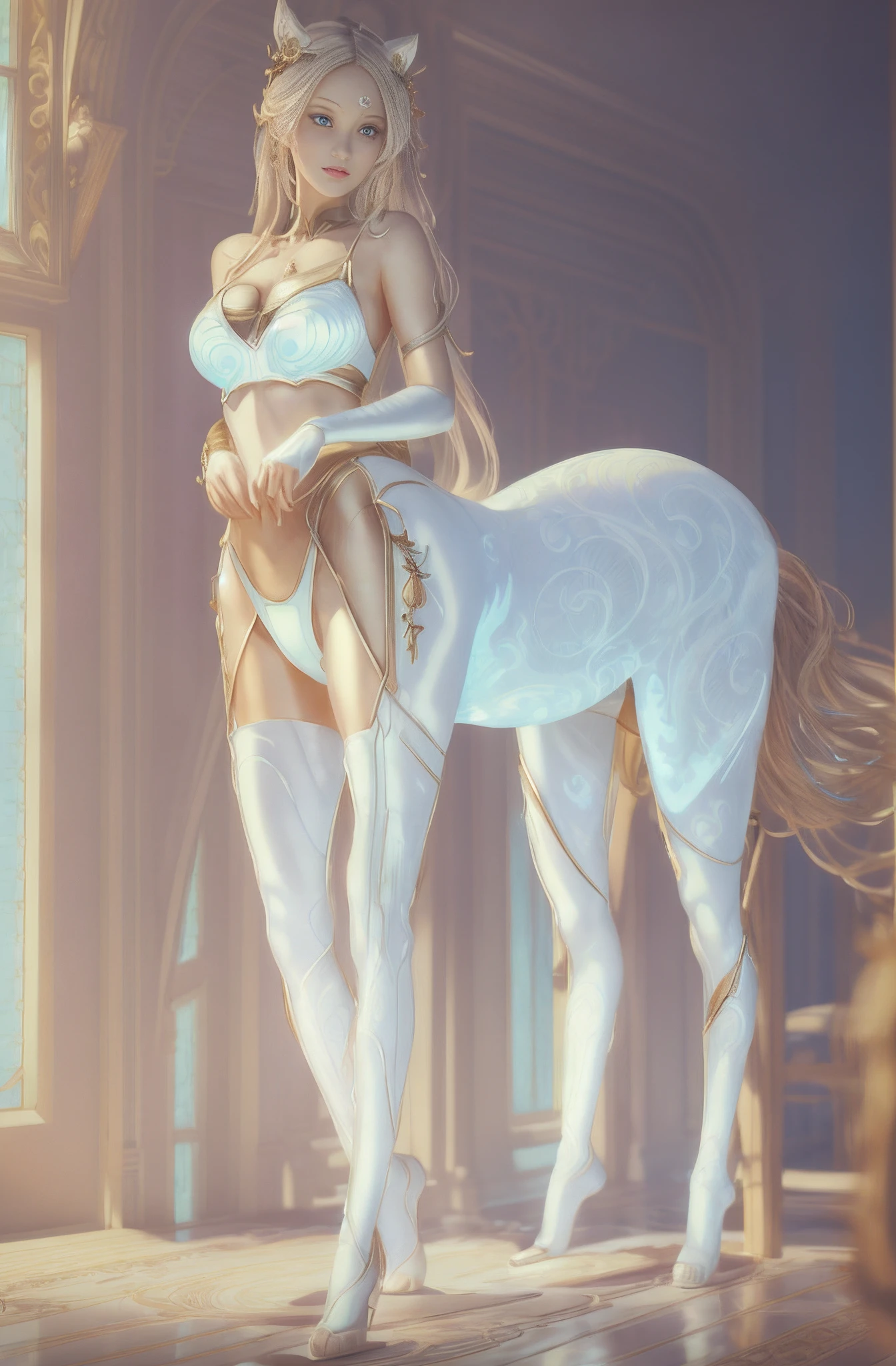 4 legged，Centaur girl，best qualtiy，tmasterpiece，超高分辨率，（realisticlying：1.4），absurderes，（Eye focus），（sface focus, Clear facial features），Complex 3d rendering of beautiful and charming biomechanical female porcelain figures，(((Has a porcelain finish)))、simulating、Beautiful natural light、rim-light、1 5 0 mm lens、an aztec warrior、feater、nipple piercing、Aztec tattoo、flor branca、Vanilla leaves and stems、Meandering roots、white blossoms、Fine-leaved lace、steampunc、Silver-gold filigree detailing、alexander mcqueen haute couture、Pearl earrings、Art Nouveau embroidery、Hexagonal network cable、Mandelbro fractal、face muscles、cable wires、micro Chip、ellegance、Beautiful natural light, Studio lights, rim-light, The is very detailed, ultra-realistic realism, Sharp, rendering by octane, HR Giger style, Volumetriclighting, 8 k post production, God floating on fire[The discovery of wormholes leads to a new world|The cursed prince must marry the Void]，[sci-fy：fanciful：0.6]cinmatic lighting，detailedbackground，at centre，Michael Bay style，insane detailed，k hd，concept-art，number art，with dynamism，（The most beautiful art in the world：1.2），（V0id3nergy：1.3）
