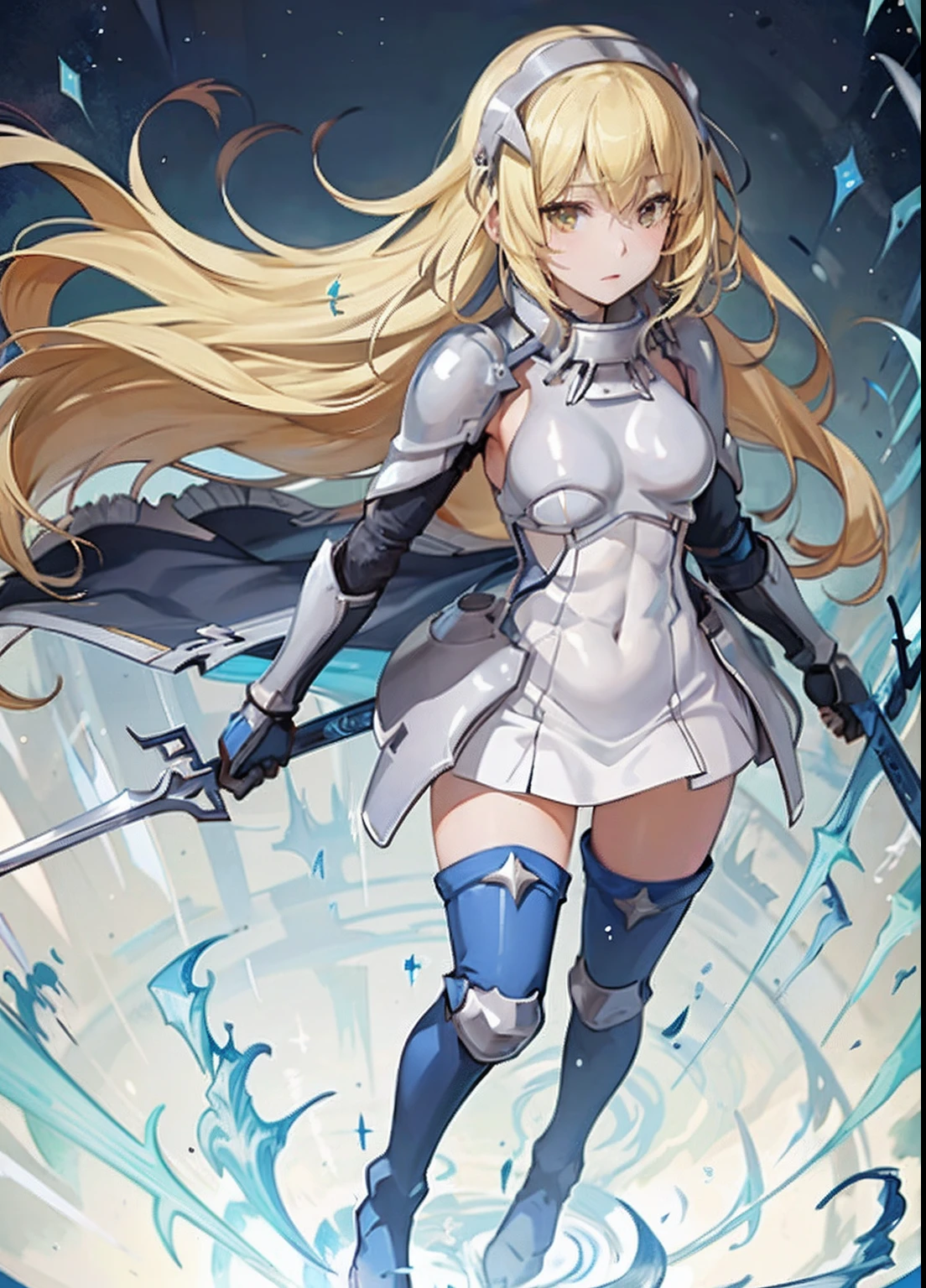 ais, 1girl, solo, blonde hair, armor, long hair, straight hair, thighhighs, boots, dress, yellow eyes, thigh boots, blue long boots, blue footwear, covered navel, breastplate, shoulder armor, gloves, white dress outdoor, sunny, standing, sitting