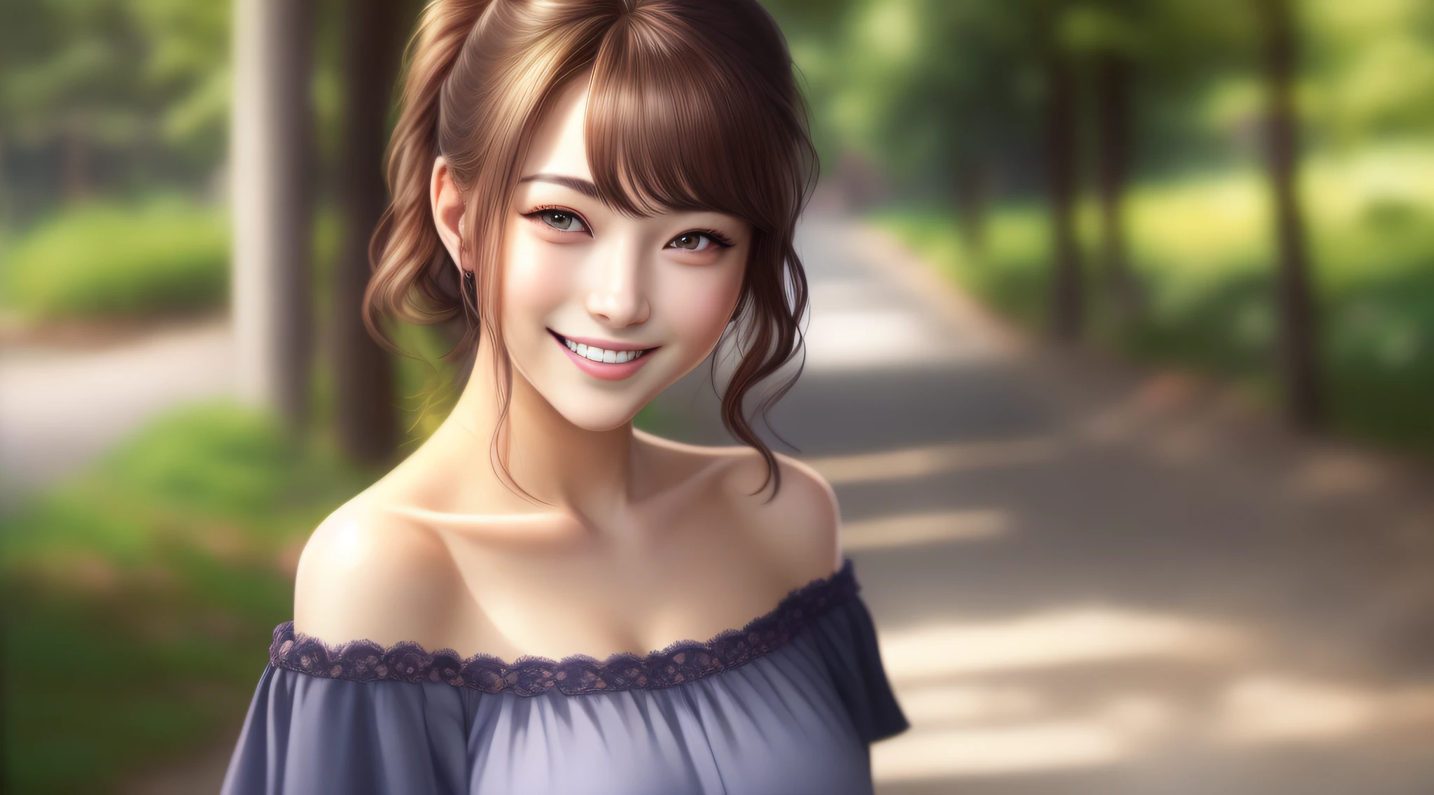 best quality, masterpiece, ultra high res, photorealistic, anime girl, offshoulder, smile