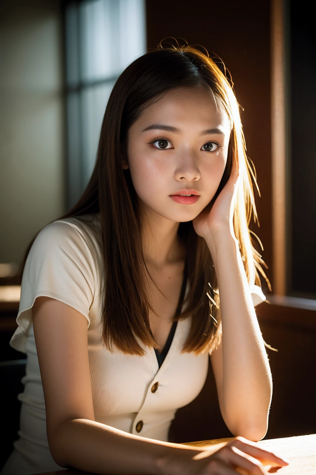 reflection light, chiaroscuro, depth of field, cinematic lighting, ray tracing, Sony FE GM, UHD, super detail, masterpiece, textured skin, high details, best quality, award winning,(Realistic:1.2), 18yo Girl, sexy outfit , sitting, computer classroom