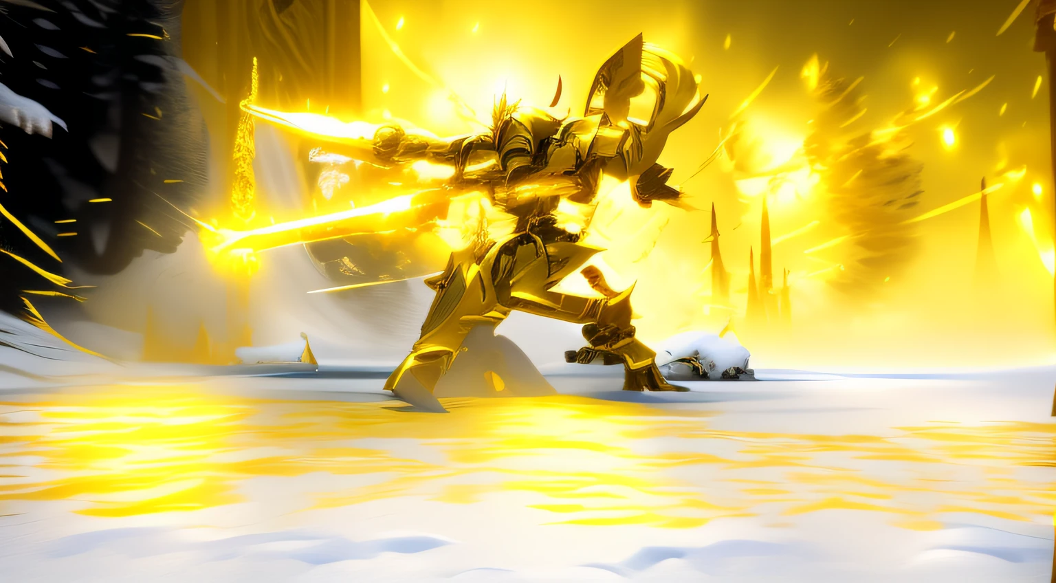 A yellow robot stands in the snow, yellow broad sword, gold paladin, angelic golden armor, golden armor wearing, gilded shiny armour, sleek gold armor, Combat pose, dramatic wielding sword pose, gold armor, paladin golden armor, from guild wars, golden etched armor, gold sword, Golden armor, clothed in ethereal battle armor
